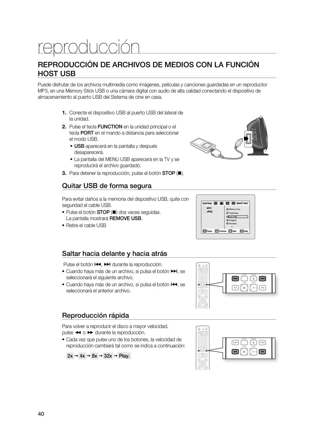 Samsung HT-X620T/XET manual Reproducción DE Archivos DE Medios CON LA Función Host USB, Quitar USB de forma segura 