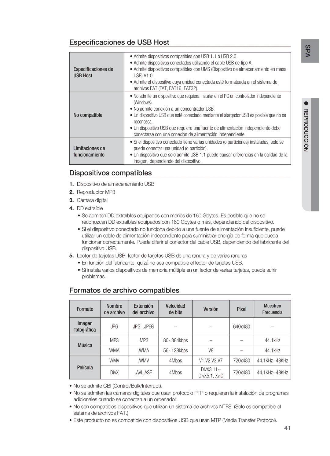 Samsung HT-X620T/XET manual Especificaciones de USB Host, Dispositivos compatibles, Formatos de archivo compatibles 