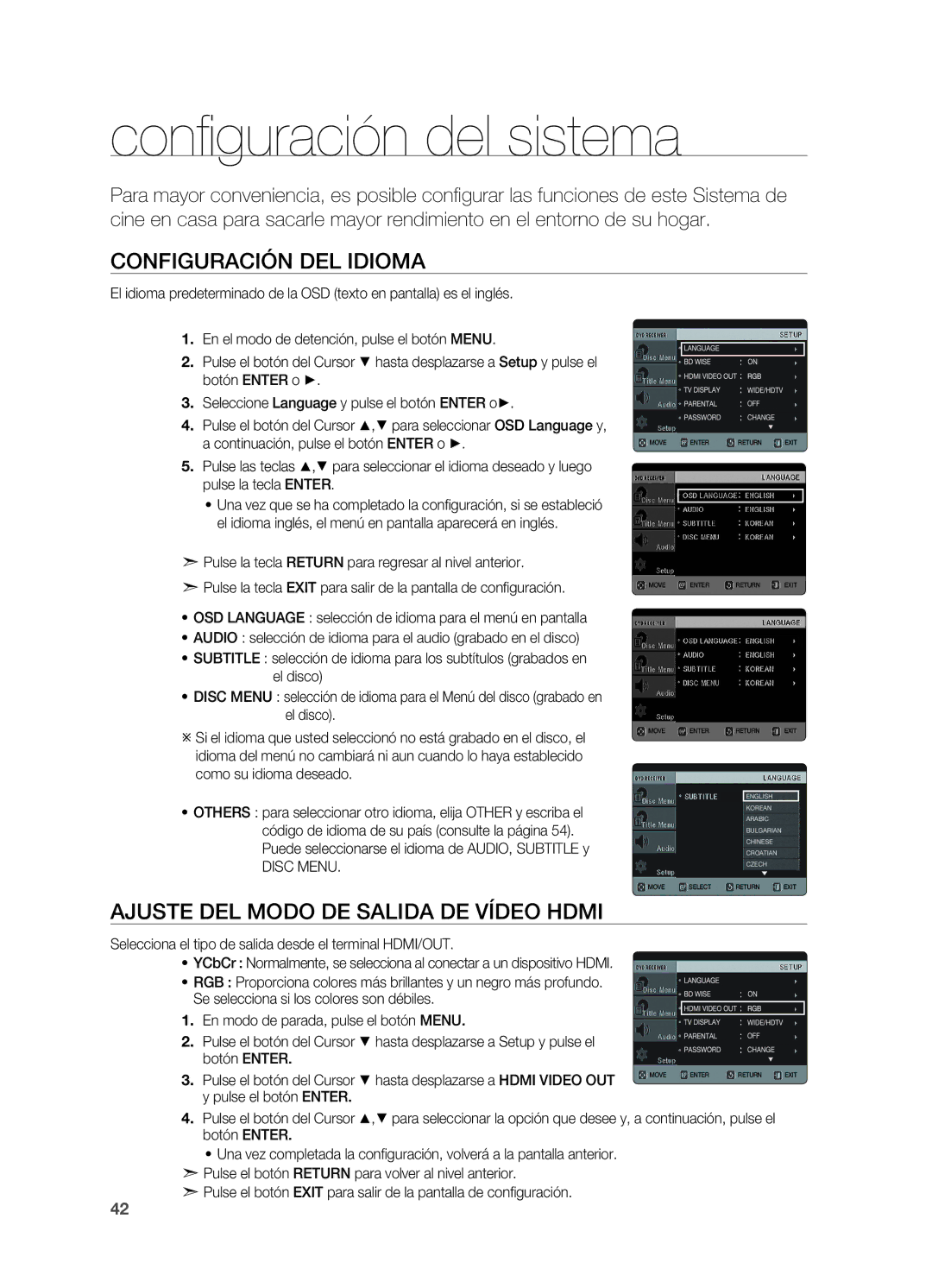 Samsung HT-X620T/XET manual Configuración del sistema, Configuración del idioma, Ajuste del Modo DE Salida DE Vídeo Hdmi 