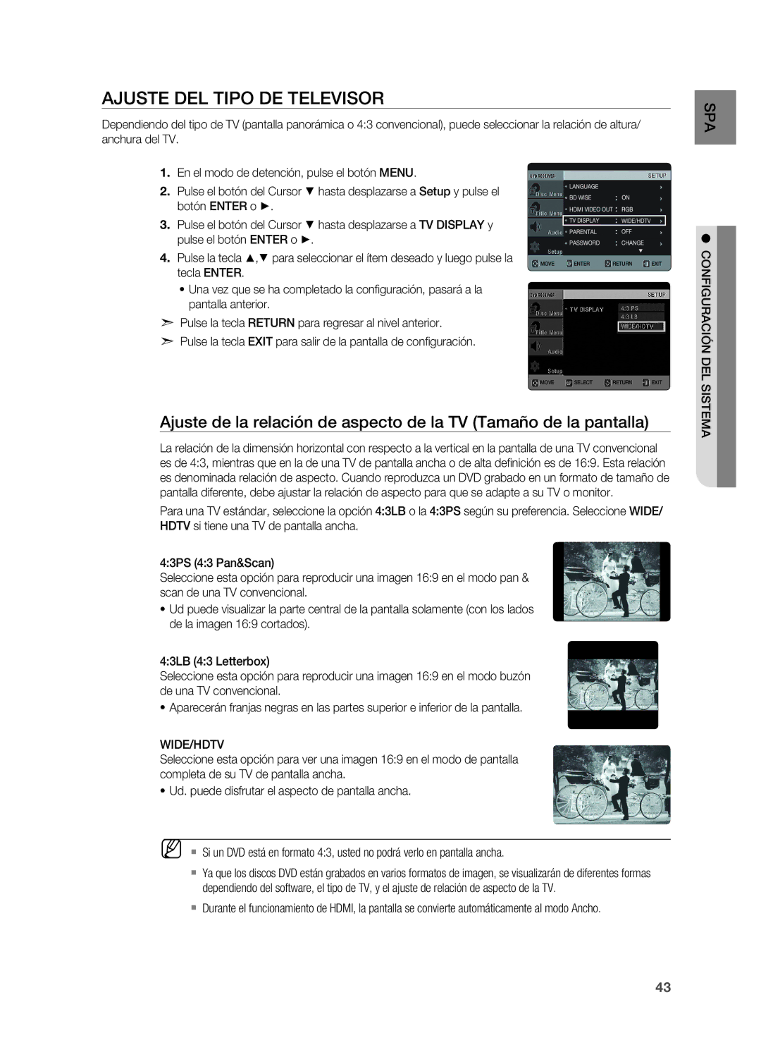 Samsung HT-X620T/XET manual Ajuste del tipo de televisor, Tecla Enter, Wide/Hdtv, Configuración del sistema 