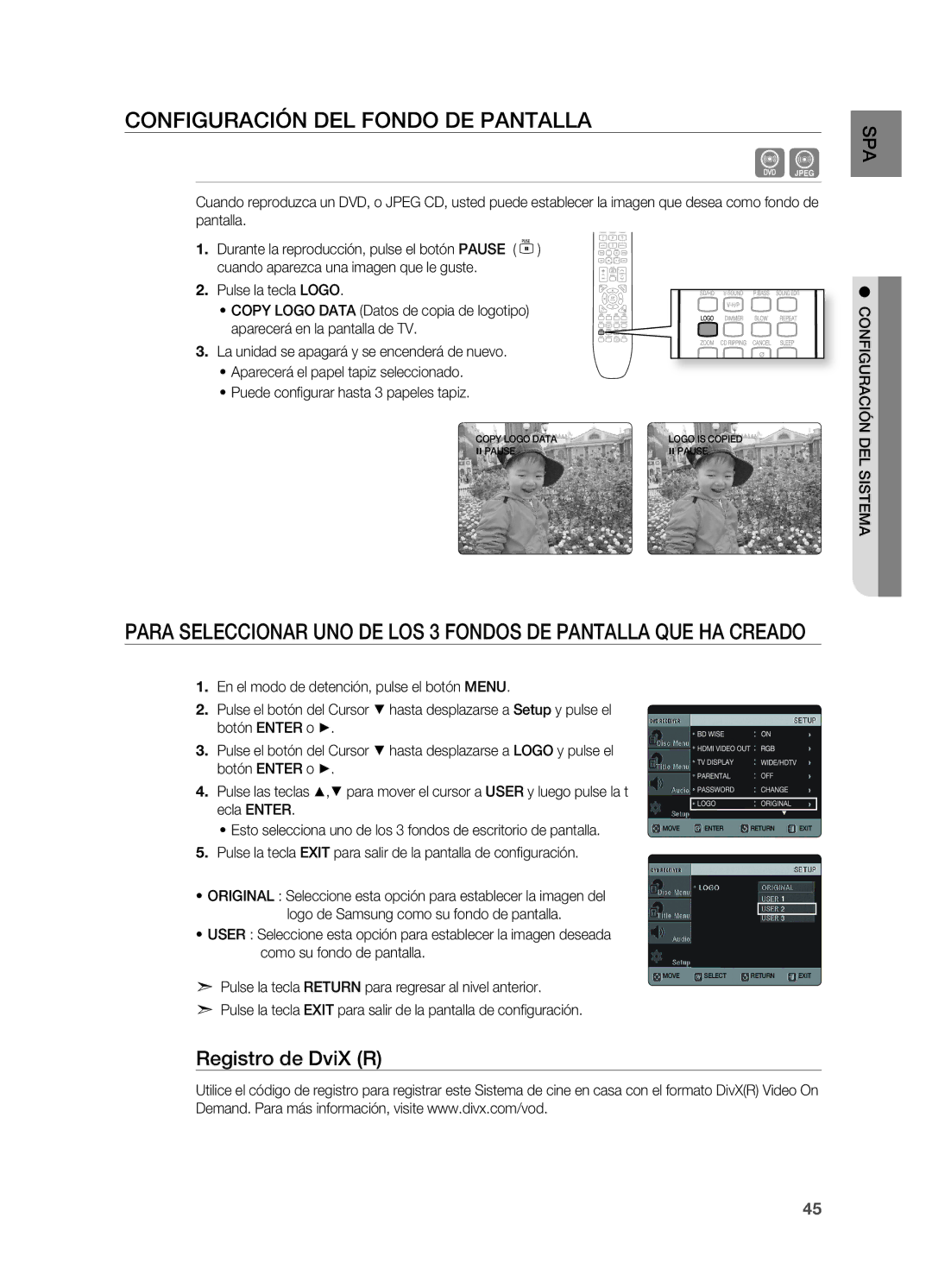 Samsung HT-X620T/XET manual CONFIgURACIÓN DEL Fondo DE Pantalla, Registro de DviX R 