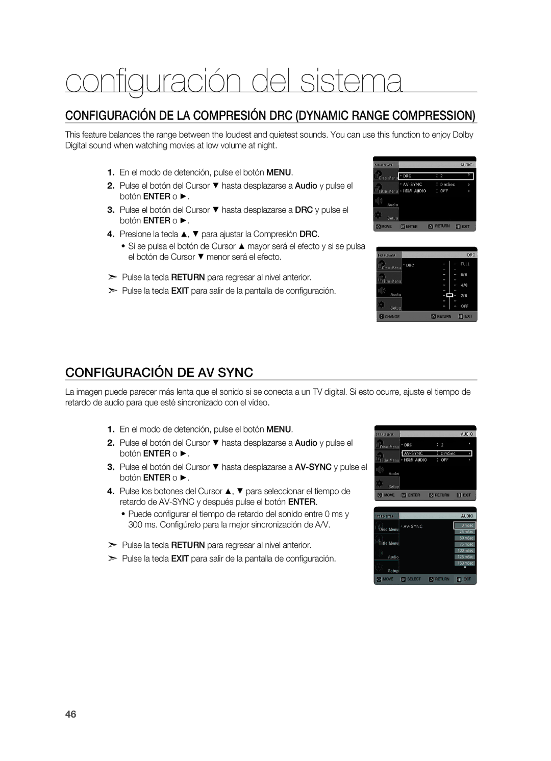 Samsung HT-X620T/XET manual Configuración de AV Sync, Botón Enter o +, Retardo de AV-SYNC y después pulse el botón Enter 