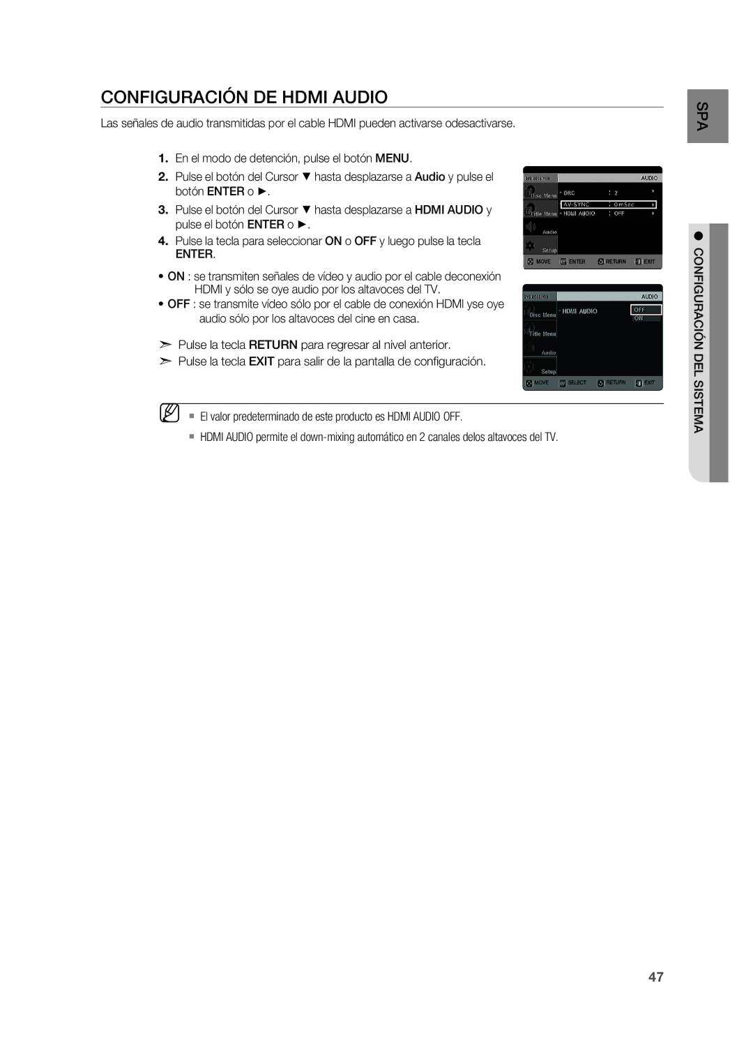 Samsung HT-X620T/XET manual Configuración de Hdmi Audio, Enter 