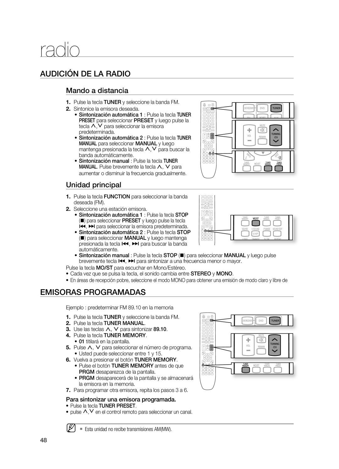 Samsung HT-X620T/XET manual Audición DE LA Radio, Emisoras PROgRAMADAS, Mando a distancia, Unidad principal 