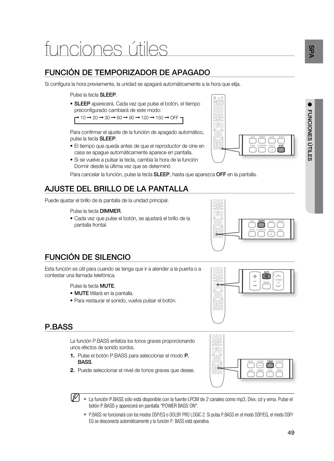 Samsung HT-X620T/XET manual Funciones útiles, Función DE TEMPORIzADOR DE APAgADO, Ajuste DEL Brillo DE LA Pantalla, Bass 