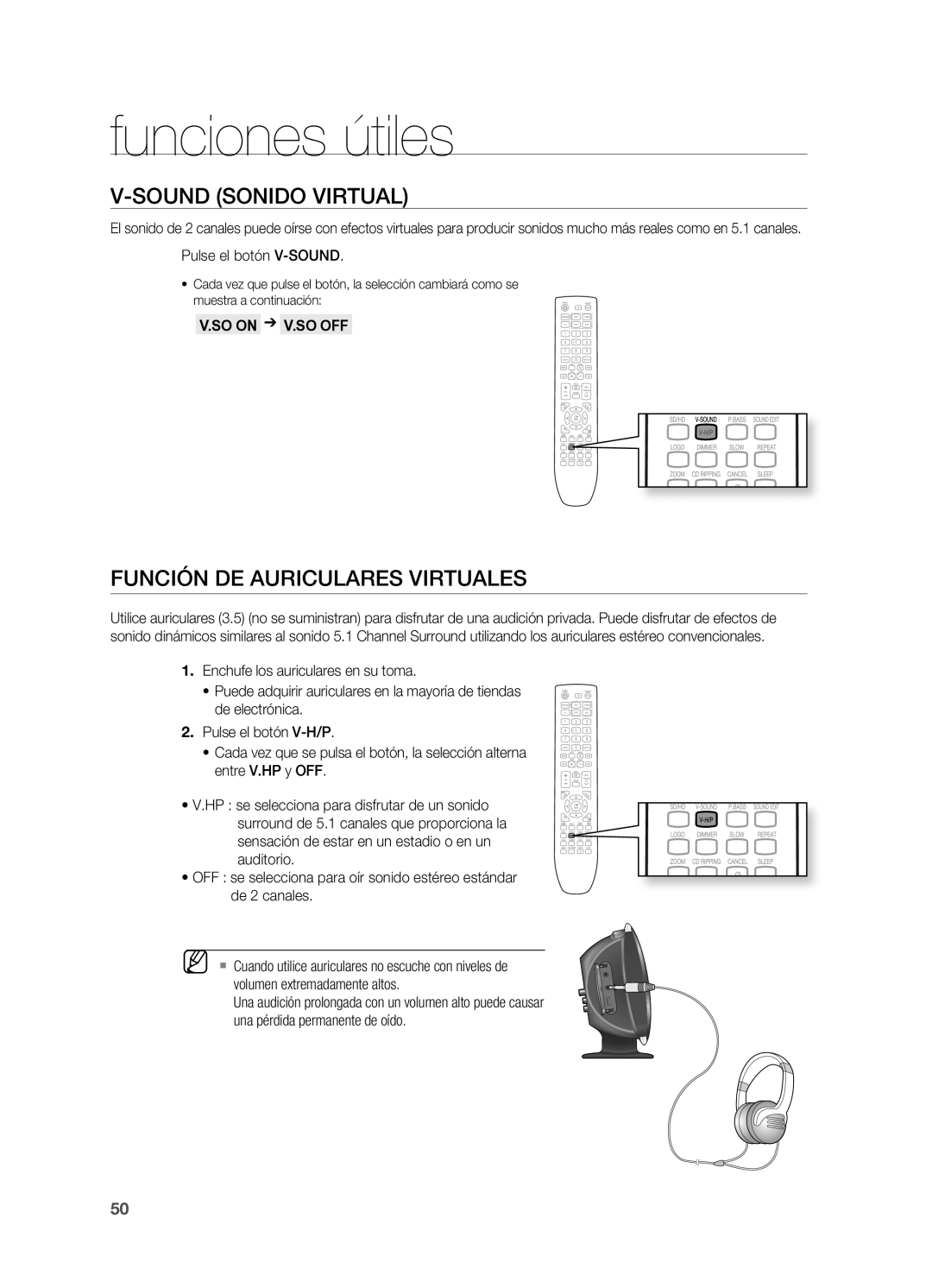 Samsung HT-X620T/XET manual Sound Sonido Virtual, Función DE Auriculares Virtuales 