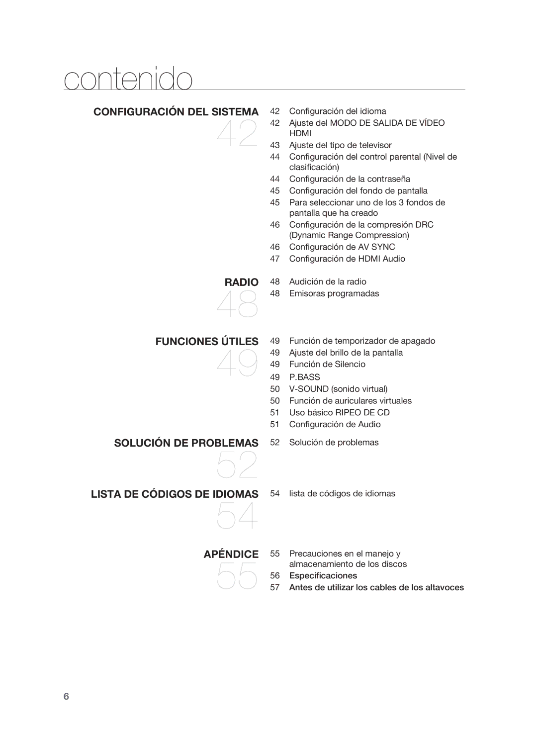 Samsung HT-X620T/XET manual Configuración de AV Sync Configuración de Hdmi Audio, Audición de la radio, 49 P.BASS 