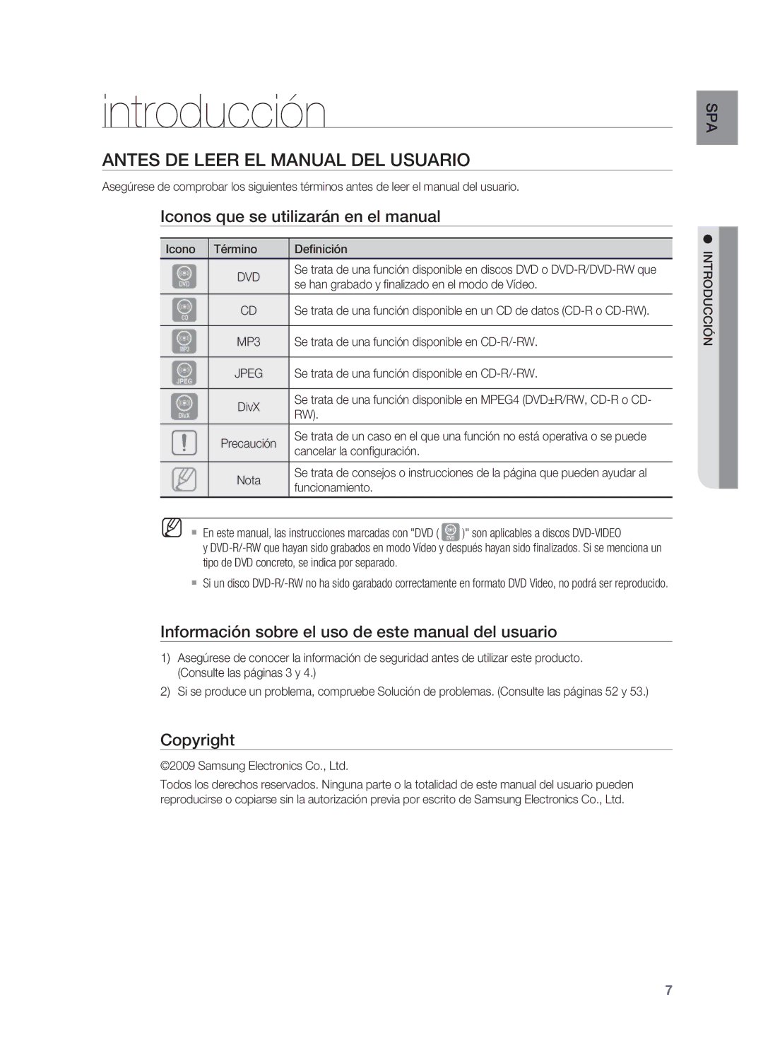 Samsung HT-X620T/XET Introducción, Antes de leer el Manual del usuario, Iconos que se utilizarán en el manual, Copyright 