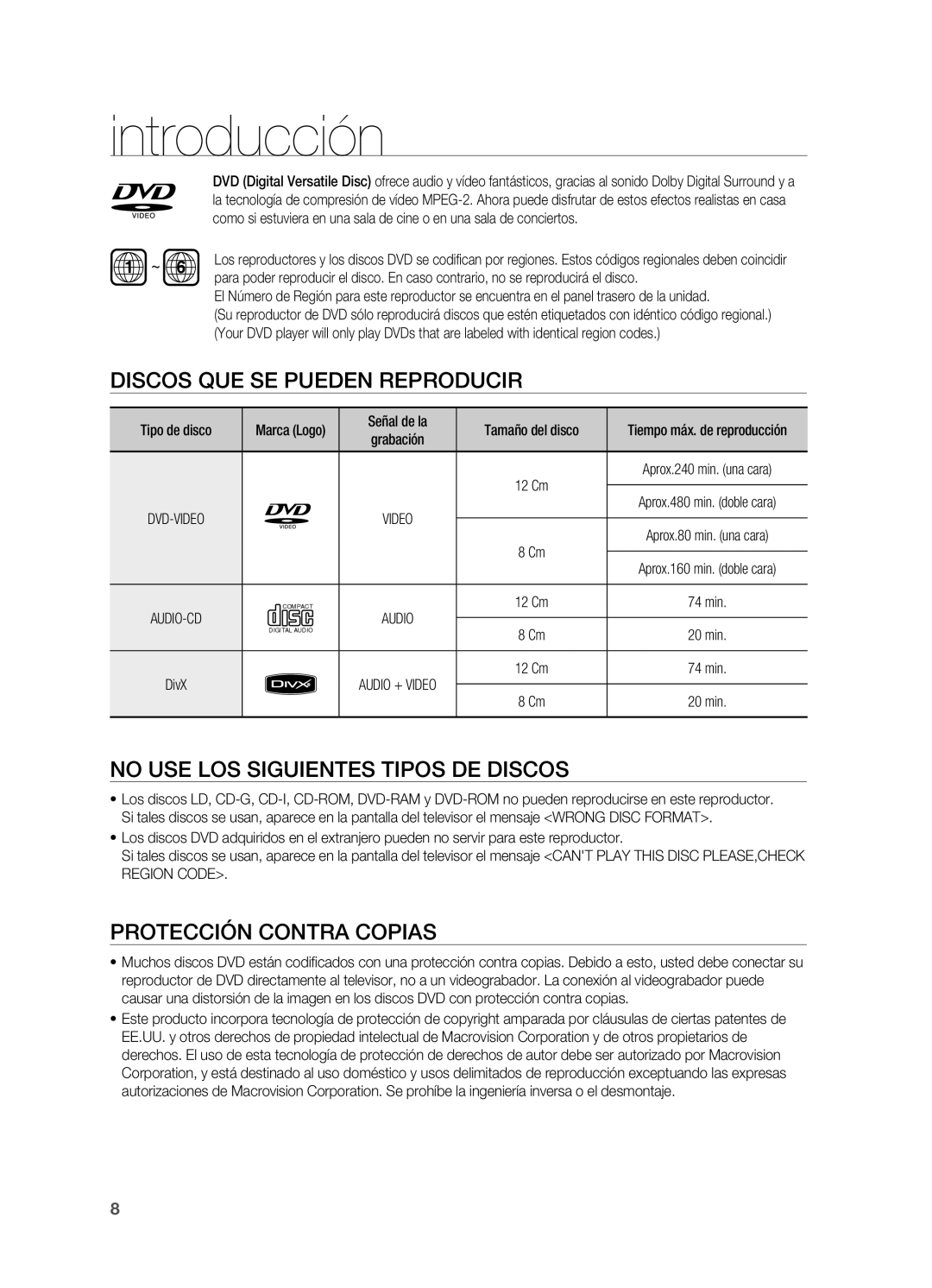 Samsung HT-X620T/XET Discos que se pueden reproducir, No use los siguientes tipos de discos, Protección contra copias 