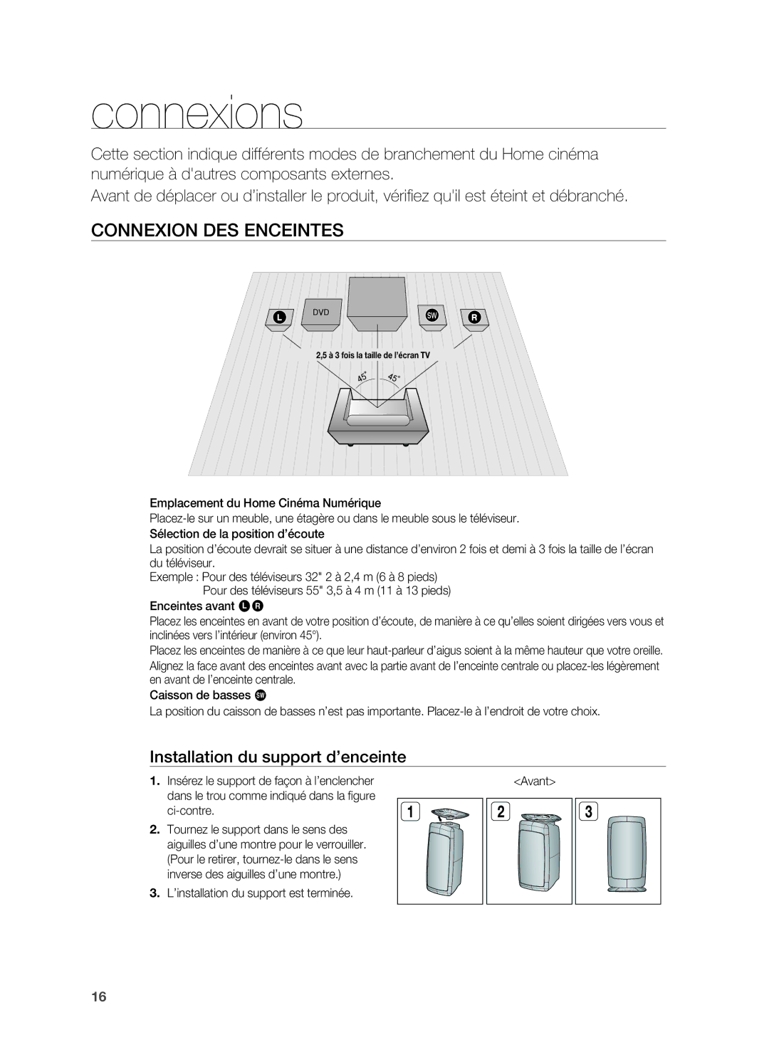 Samsung HT-X622T/XEF manual Connexions, Connexion des enceintes, Installation du support d’enceinte 