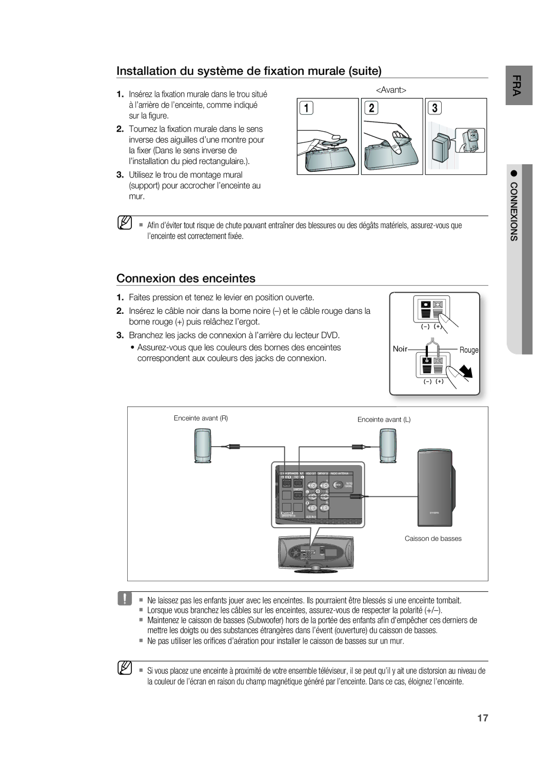 Samsung HT-X622T/XEF manual Installation du système de ﬁxation murale suite, Connexion des enceintes, Connexions 