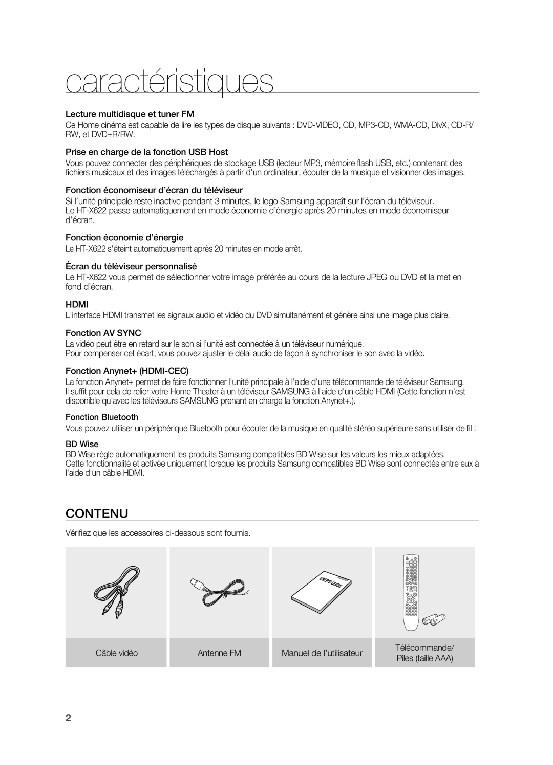 Samsung HT-X622T/XEF manual Caractéristiques, Contenu, Hdmi, Fonction Bluetooth 