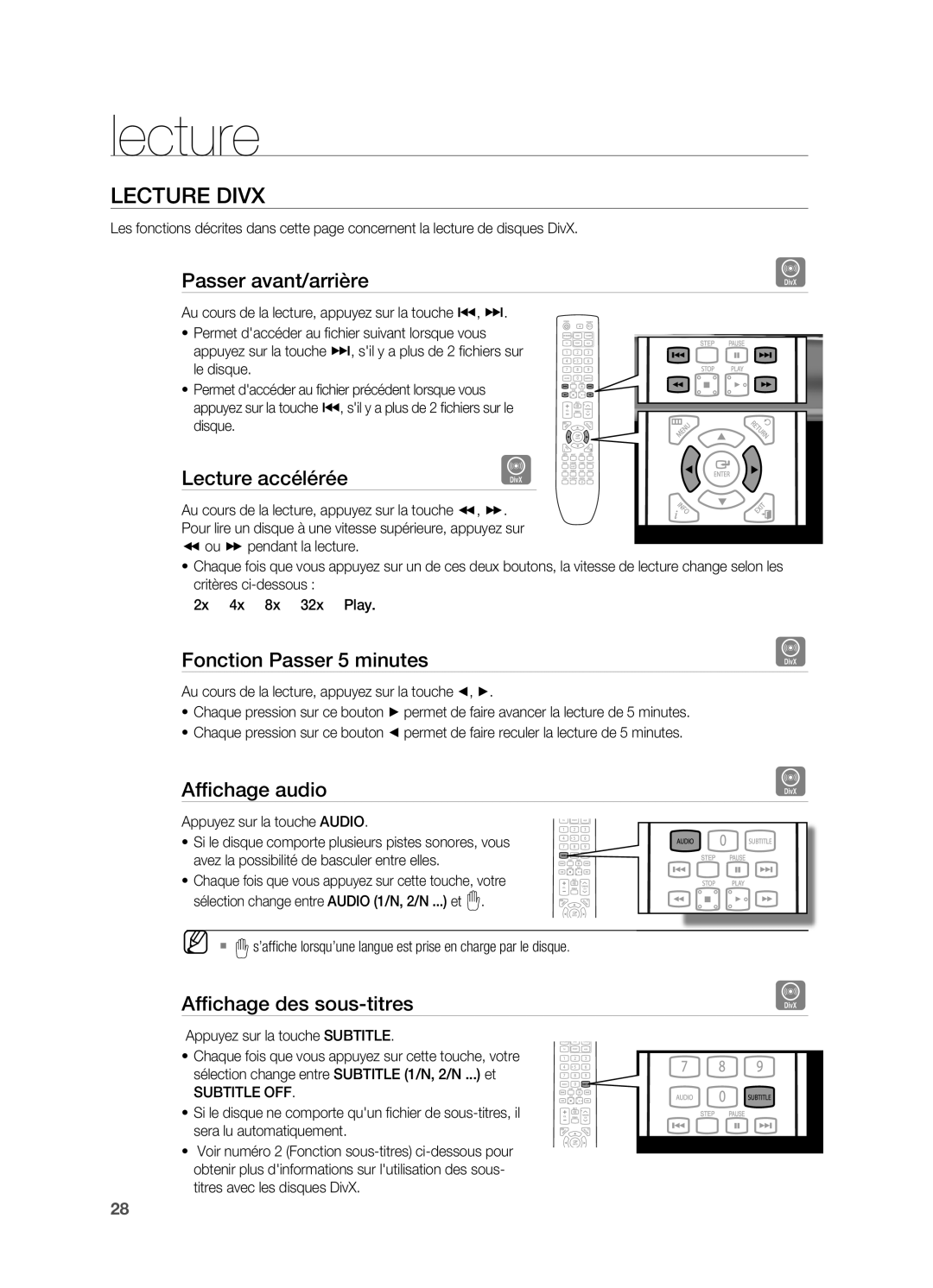 Samsung HT-X622T/XEF manual Lecture Divx 