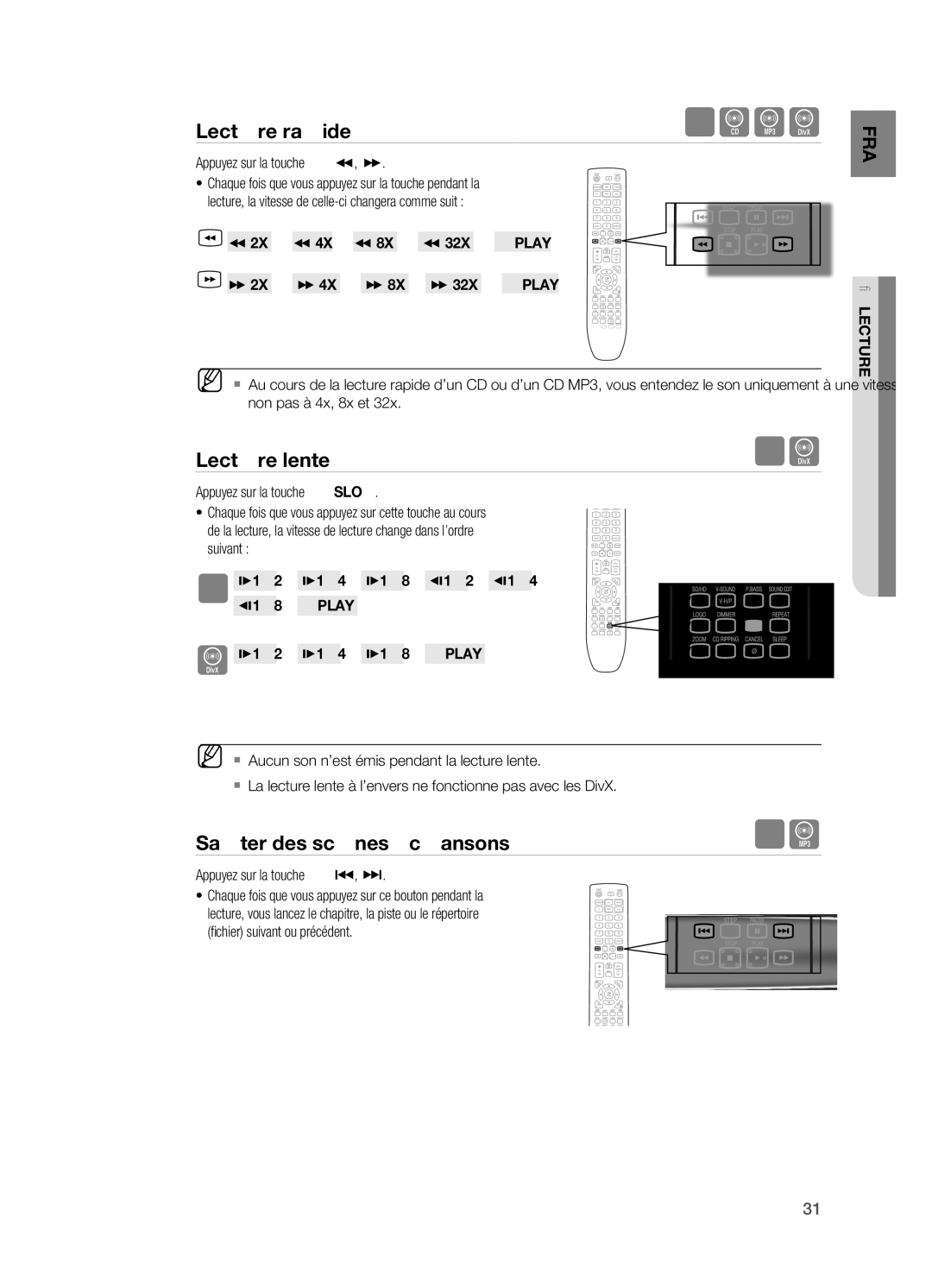 Samsung HT-X622T/XEF manual Lecture rapide, Lecture lente, Sauter des scènes/chansons 