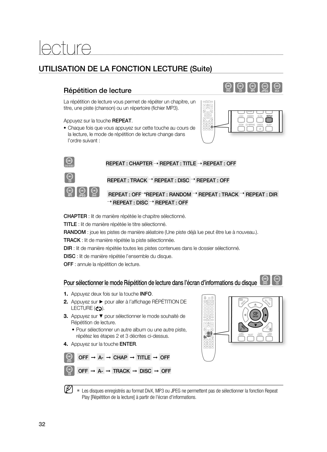 Samsung HT-X622T/XEF manual Utilisation DE LA Fonction Lecture Suite, Répétition de lecture, Appuyez sur la touche Enter 