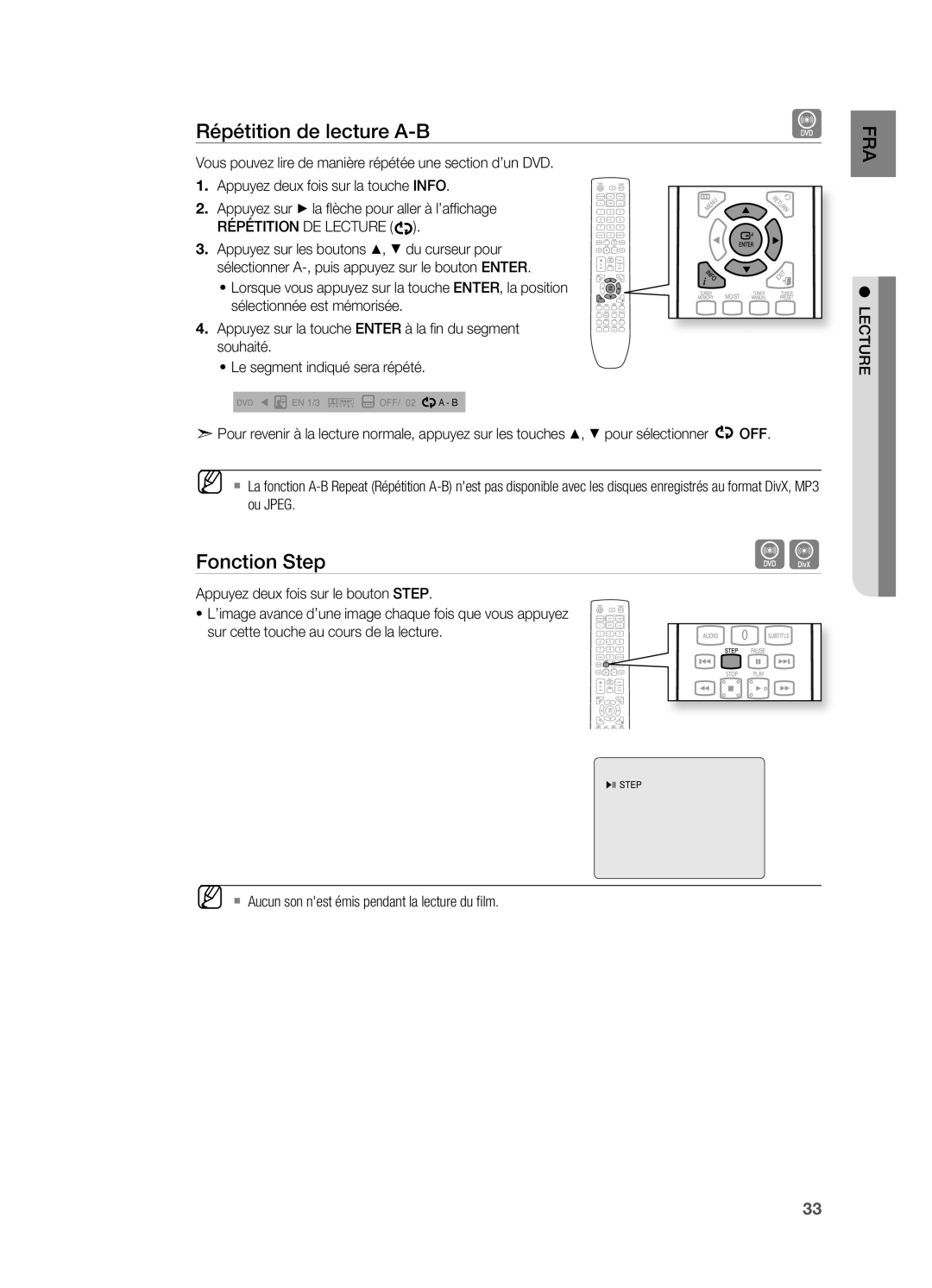 Samsung HT-X622T/XEF manual Répétition de lecture A-B, Fonction Step, Répétition DE Lecture, Ou Jpeg 