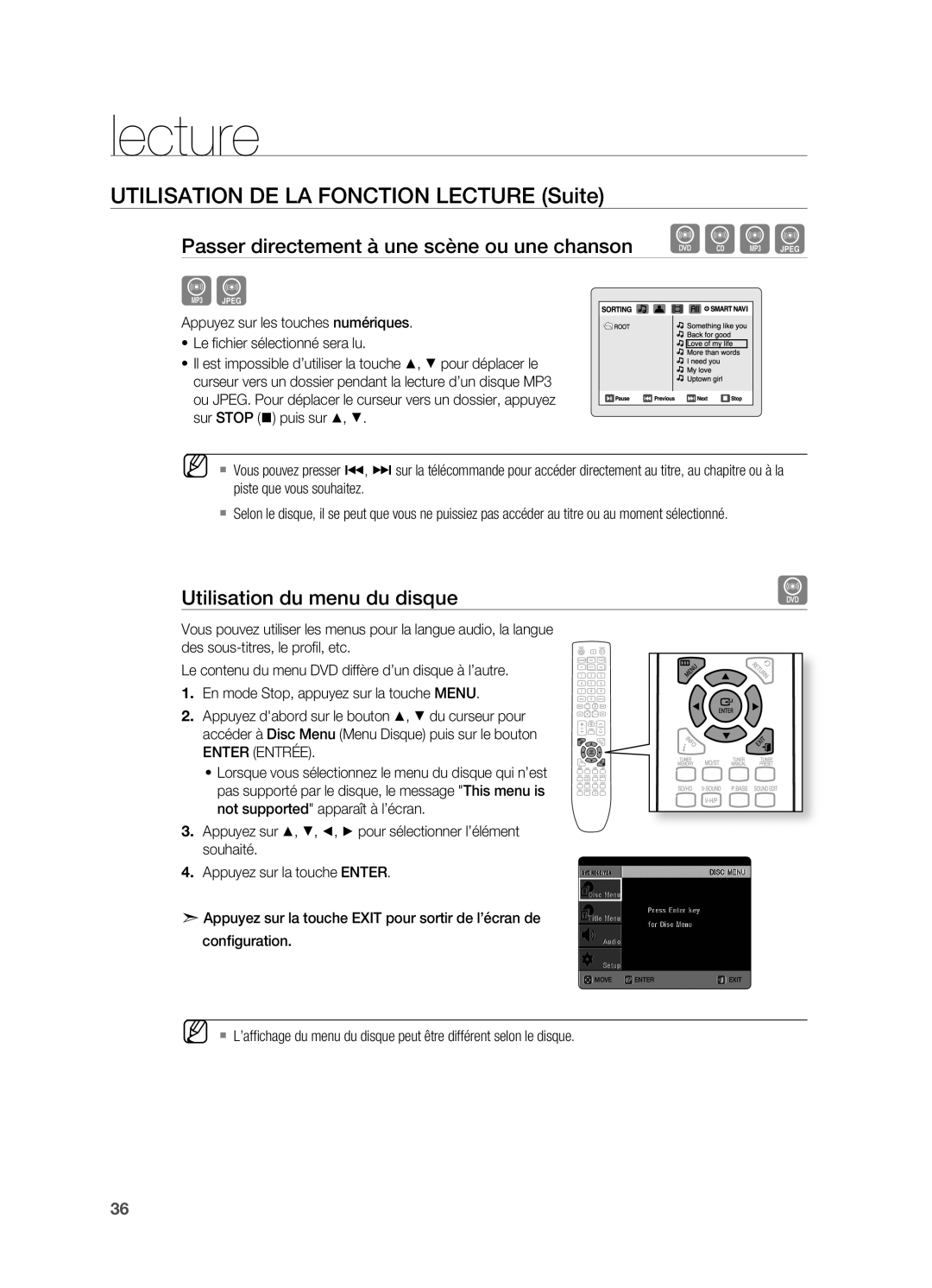 Samsung HT-X622T/XEF manual Utilisation du menu du disque 
