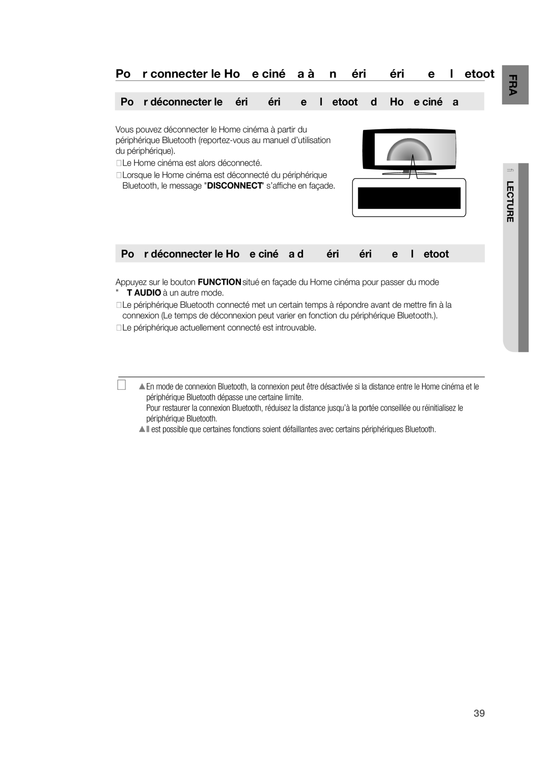 Samsung HT-X622T/XEF manual Pour déconnecter le périphérique Bluetooth du Home cinéma, Lecture 