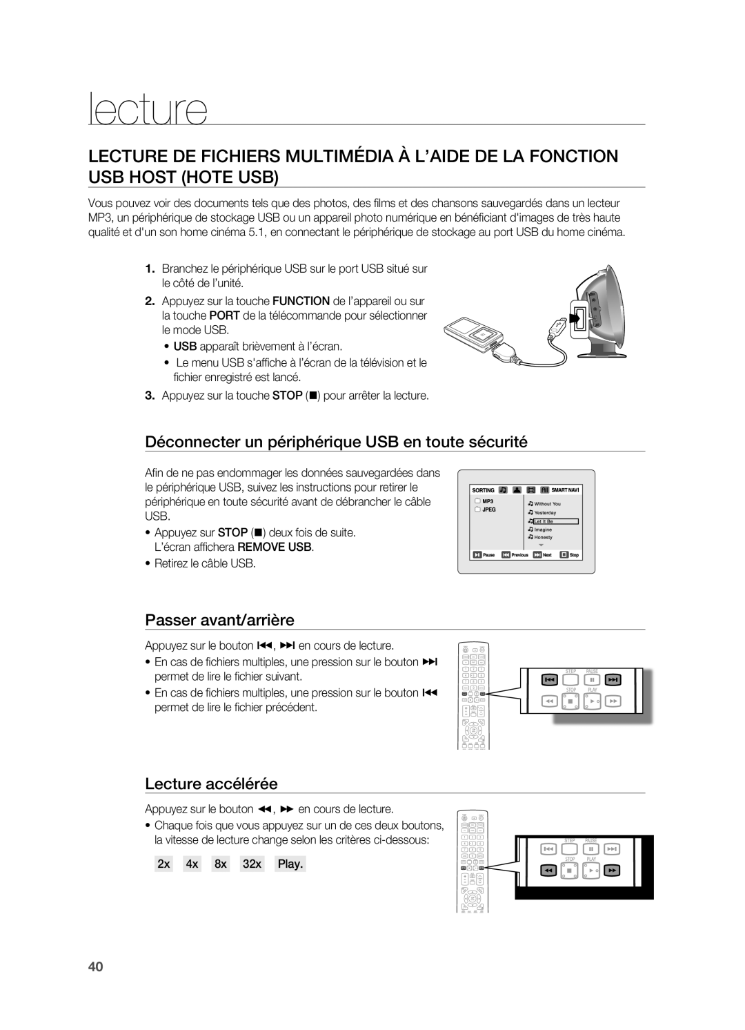 Samsung HT-X622T/XEF Déconnecter un périphérique USB en toute sécurité, ~ Retirez le câble USB, 2x  4x  8x  32x  Play 