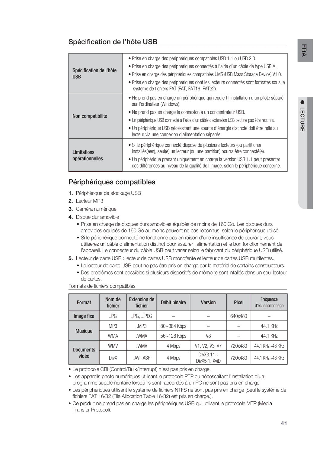 Samsung HT-X622T/XEF manual Spécification de l’hôte USB, Périphériques compatibles, Usb 