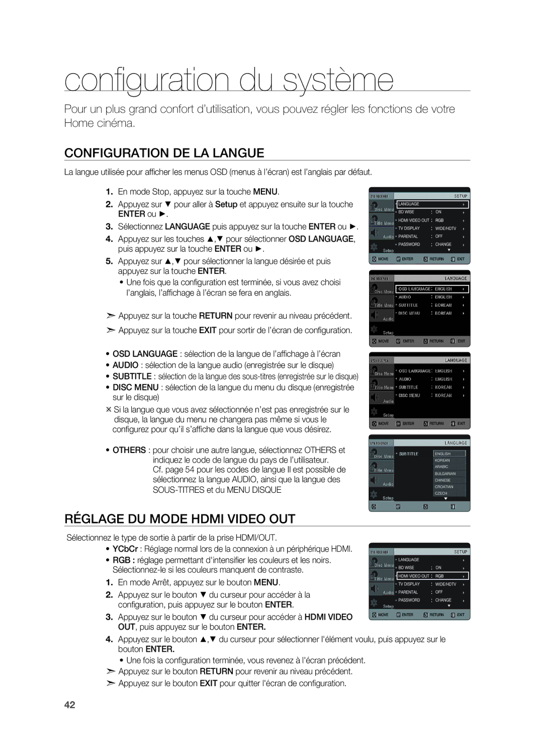 Samsung HT-X622T/XEF manual Configuration du système, Configuration de la langue, Réglage du Mode Hdmi Video OUT 