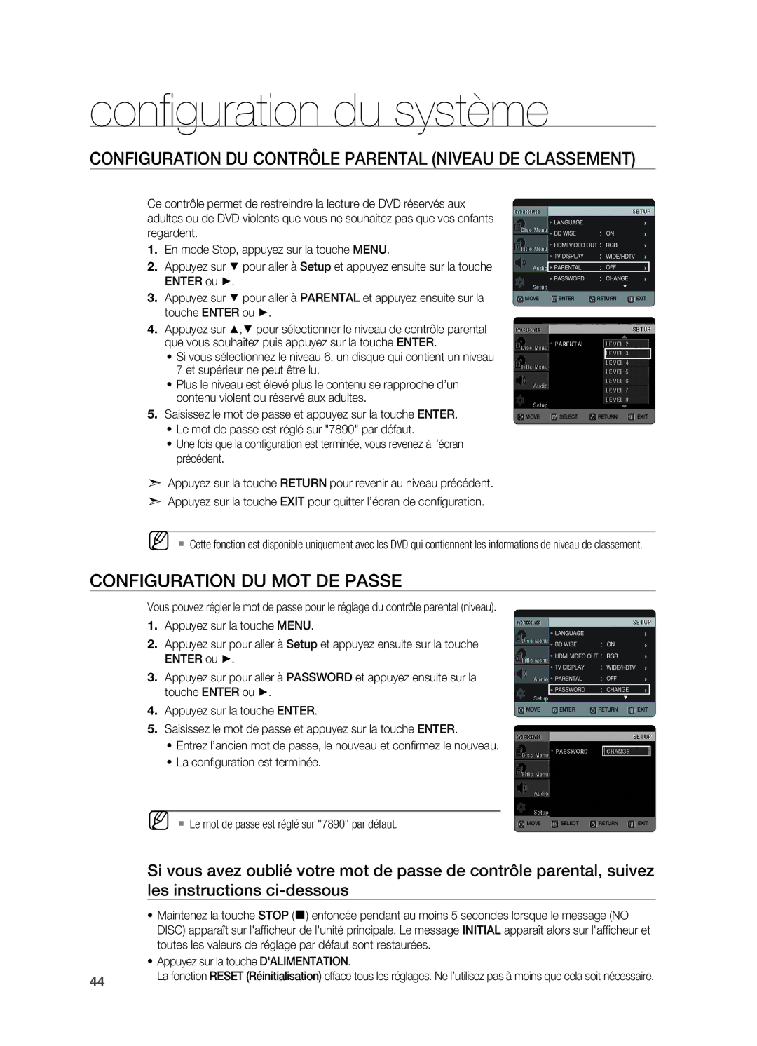 Samsung HT-X622T/XEF manual Configuration du contrôle parental Niveau de classement, Configuration du mot de passe 