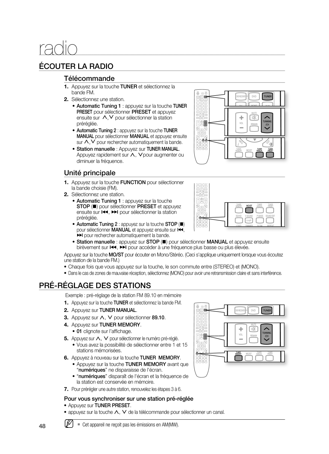 Samsung HT-X622T/XEF manual Écouter LA Radio, PRÉ-RÉGLAGE DES Stations, Télécommande, Unité principale 