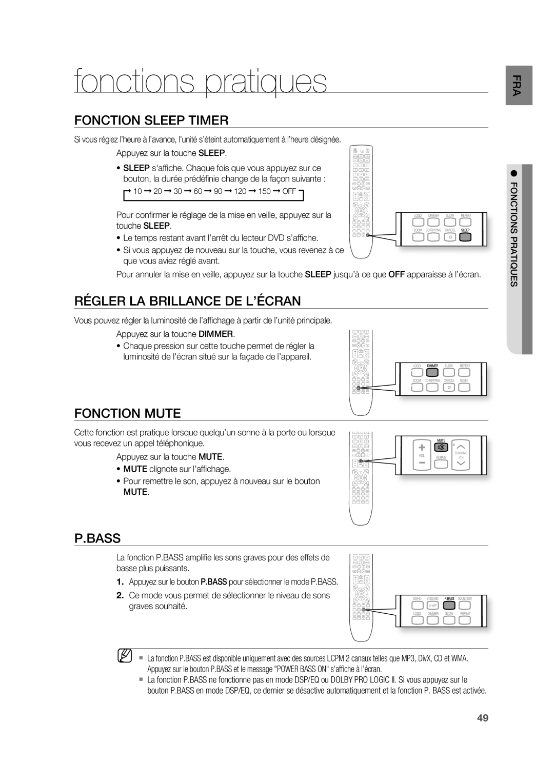 Samsung HT-X622T/XEF manual Fonctions pratiques, Fonction Sleep Timer, Régler LA Brillance DE L’ÉCRAN, Fonction Mute, Bass 