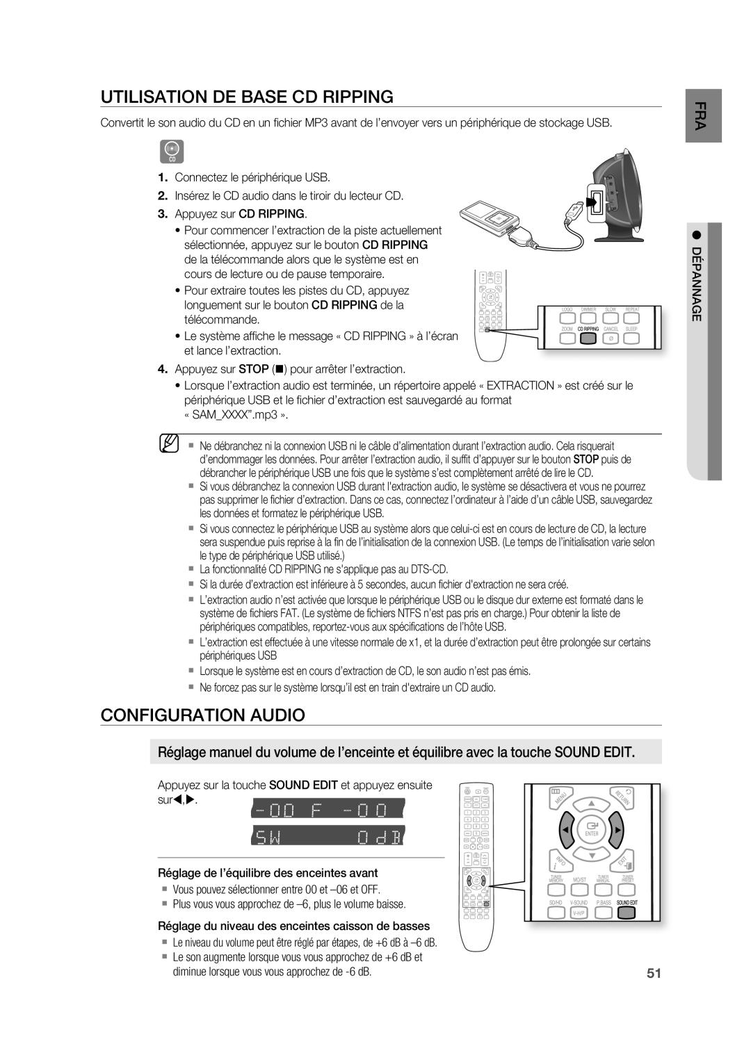 Samsung HT-X622T/XEF manual Utilisation DE Base CD Ripping, Configuration Audio, Dépannage 