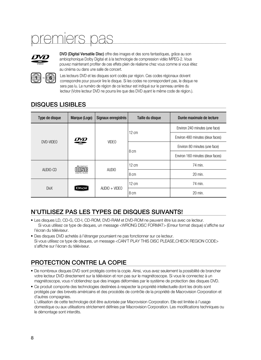 Samsung HT-X622T/XEF Disques lisibles, ’utilisez pas les types de disques suivants, Protection contre la copie, 12 cm 