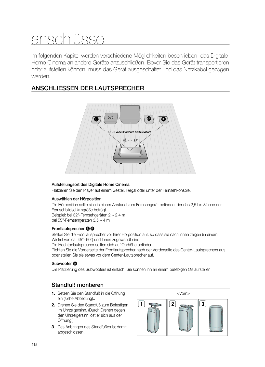 Samsung HT-X622T/XEF manual Anschlüsse, Anschliessen der Lautsprecher, Standfuß montieren 