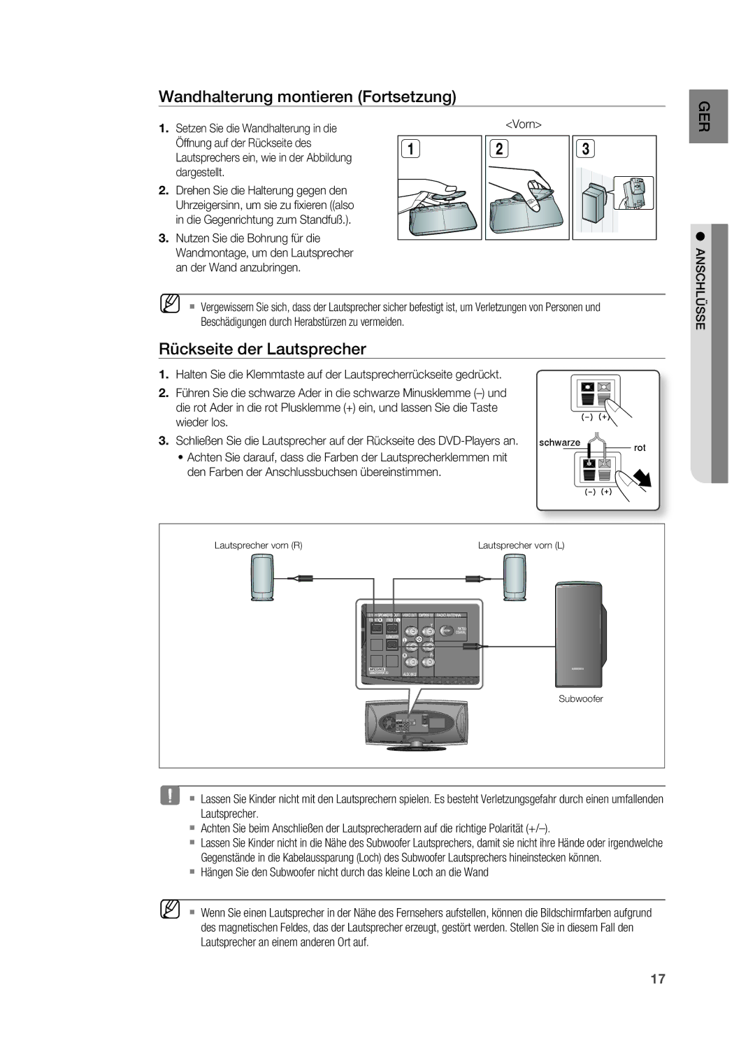 Samsung HT-X622T/XEF manual Wandhalterung montieren Fortsetzung, Rückseite der Lautsprecher 