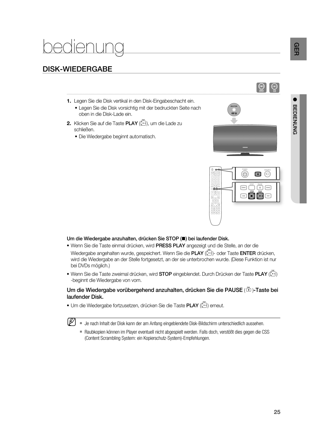 Samsung HT-X622T/XEF manual Bedienung, Disk-Wiedergabe 