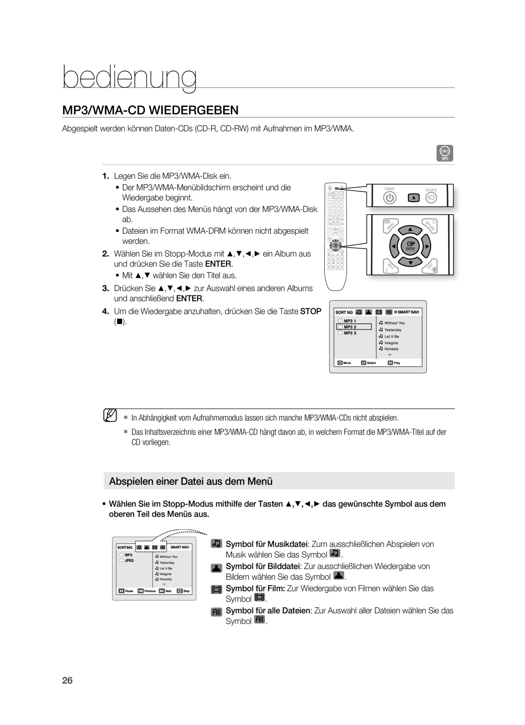 Samsung HT-X622T/XEF manual Mp3/WMA-CD Wiedergeben, Abspielen einer Datei aus dem Menü 