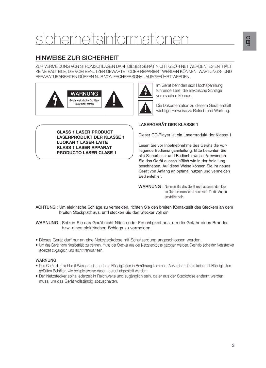 Samsung HT-X622T/XEF manual Sicherheitsinformationen, Hinweise zur Sicherheit 