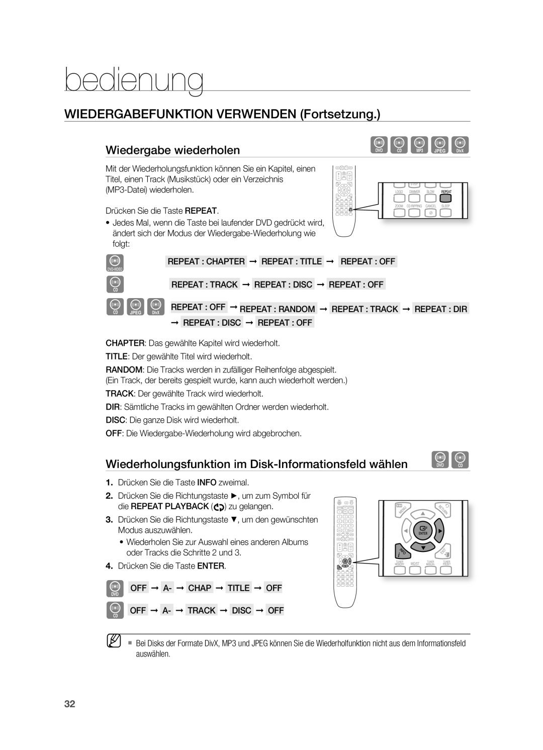 Samsung HT-X622T/XEF manual WIEDERGABEFUNKtIoN Verwenden Fortsetzung, Wiedergabe wiederholen 