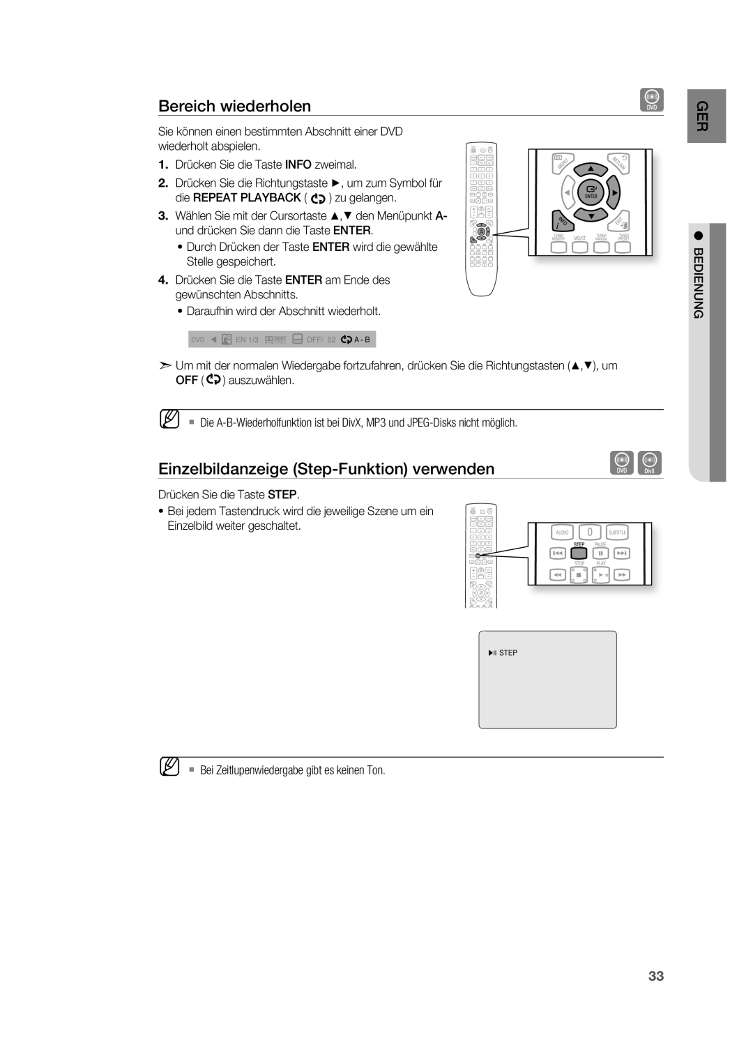 Samsung HT-X622T/XEF manual Bereich wiederholen, Einzelbildanzeige Step-Funktion verwenden 