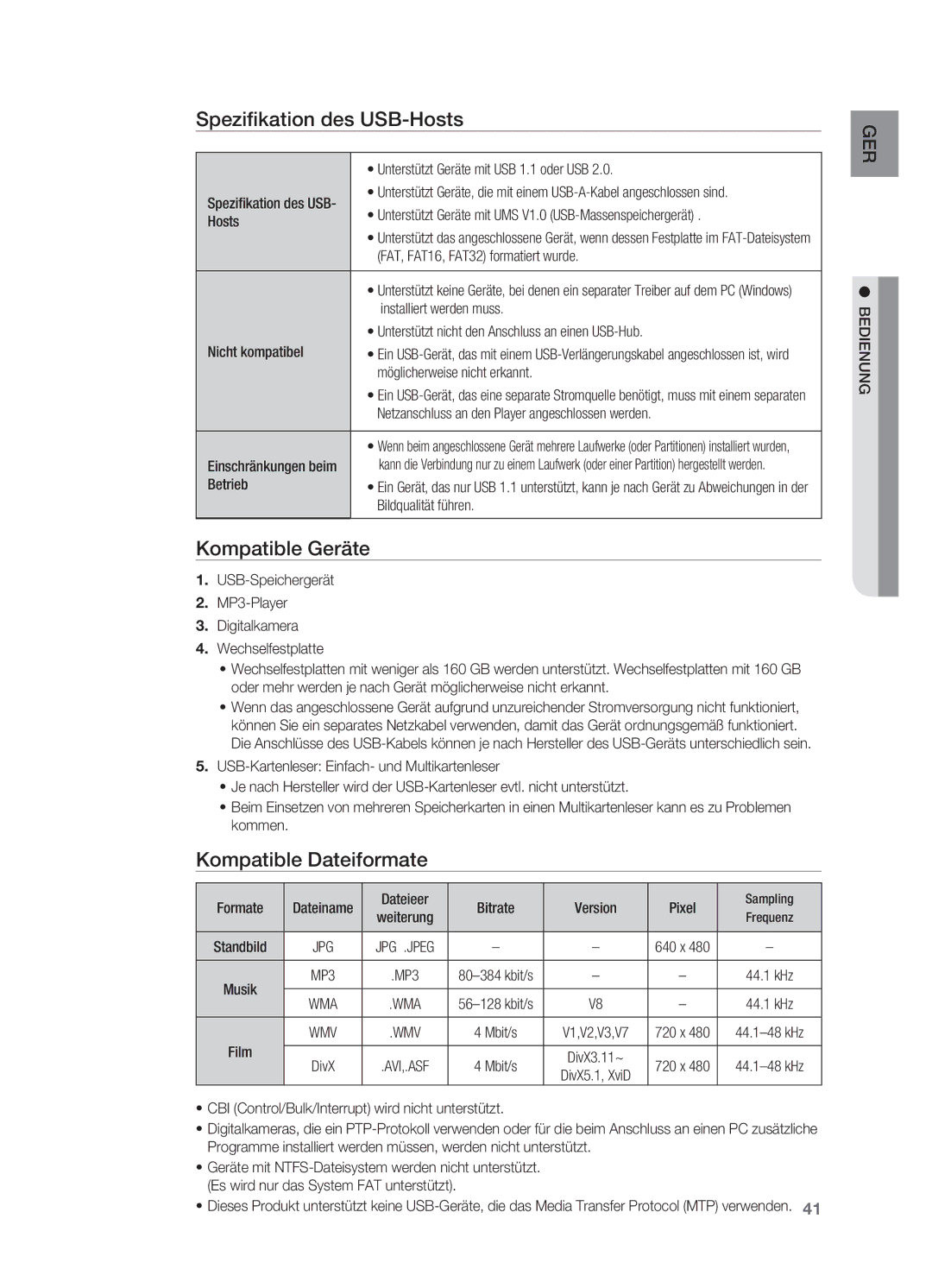 Samsung HT-X622T/XEF manual Spezifikation des USB-Hosts, Kompatible Geräte, Kompatible Dateiformate 