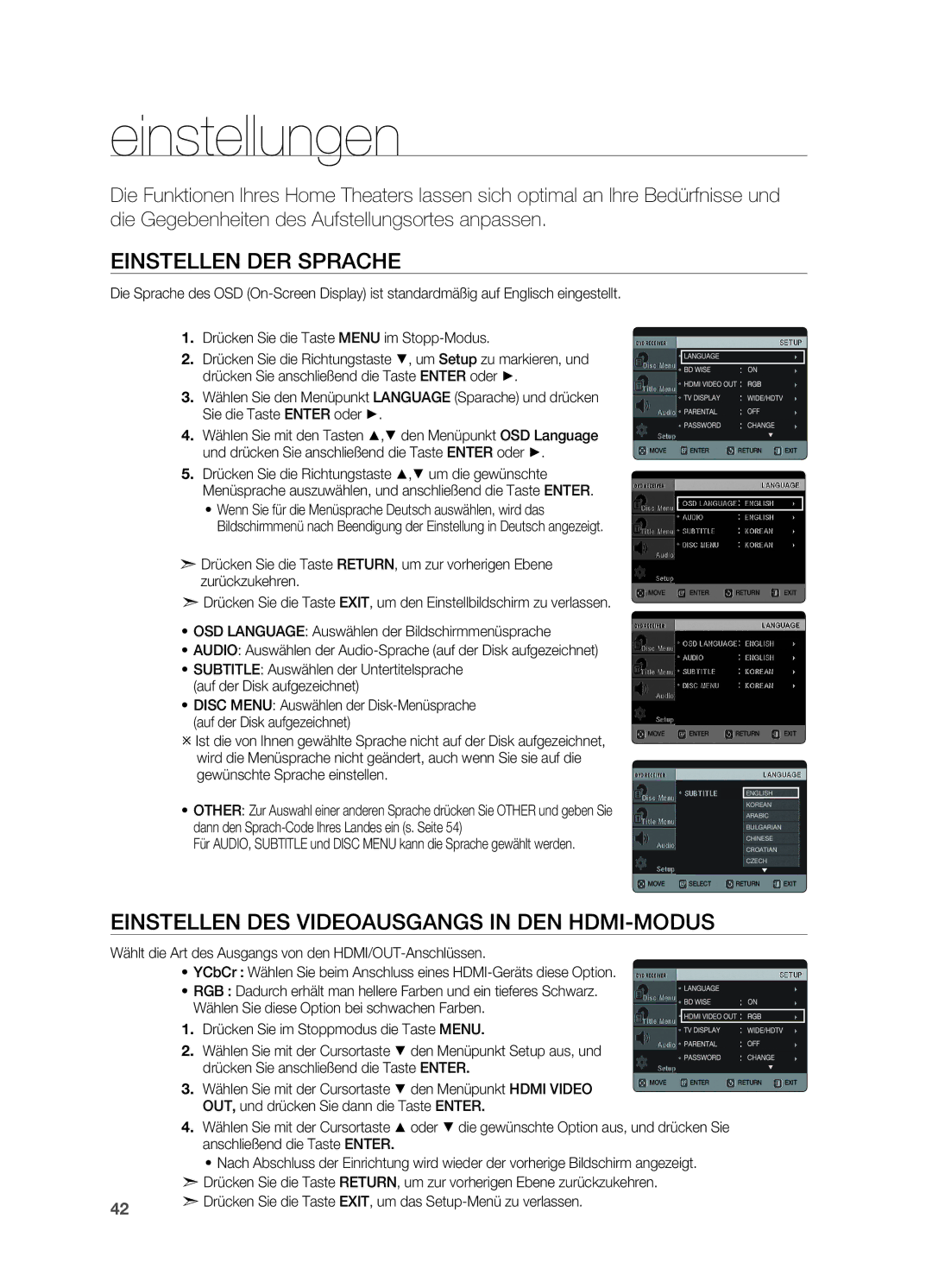 Samsung HT-X622T/XEF manual Einstellungen, Einstellen der Sprache, Einstellen des Videoausgangs in DEN HDMI-MODUS 