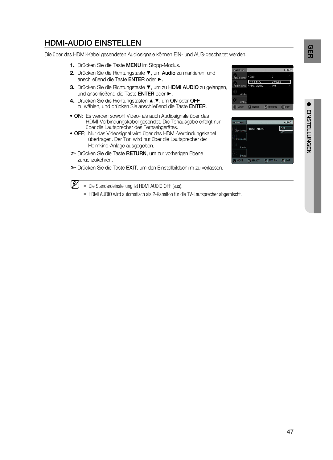 Samsung HT-X622T/XEF manual HDMI-Audio einstellen, ~ on Es werden sowohl Video- als auch Audiosignale über das 