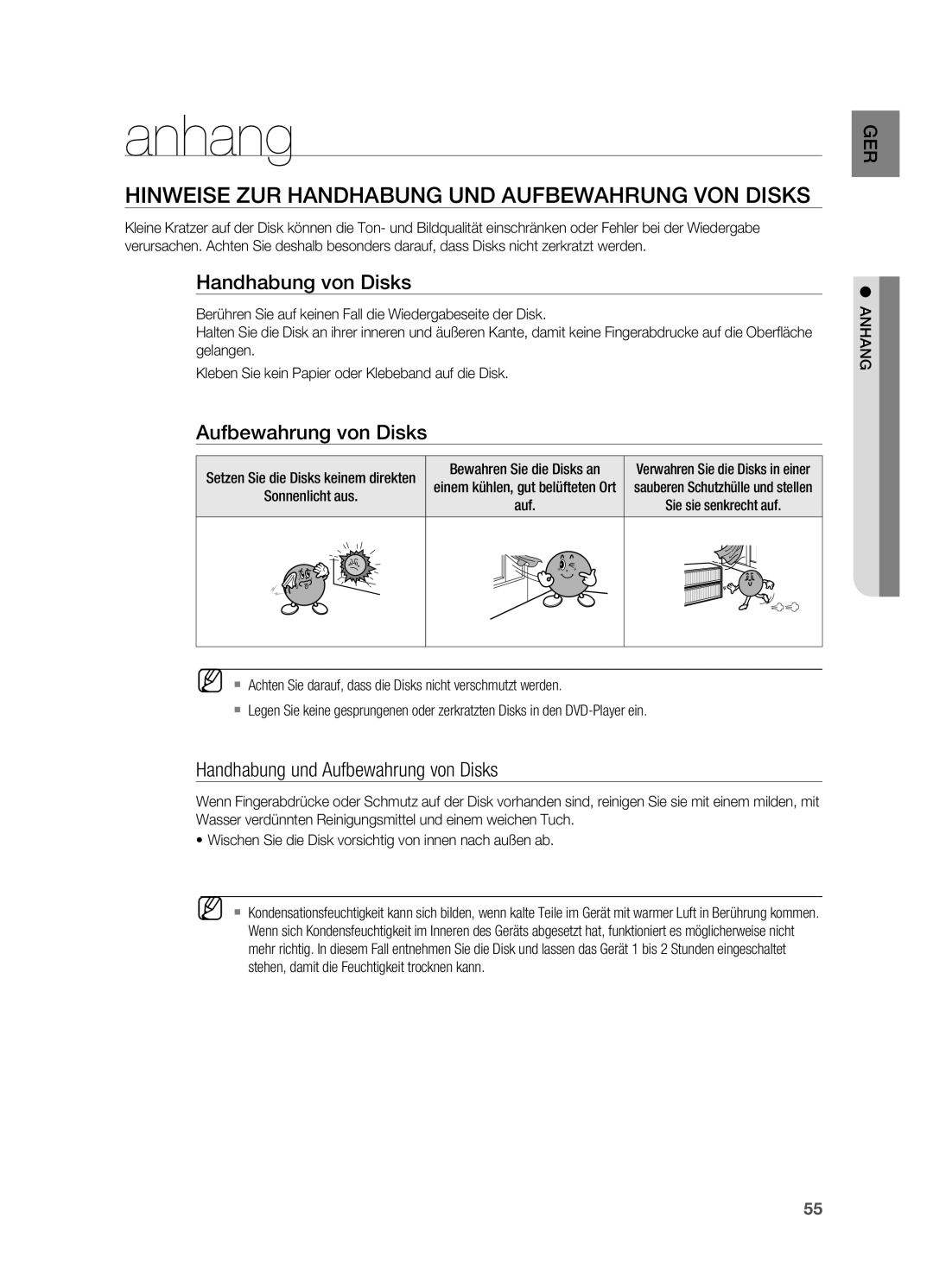 Samsung HT-X622T/XEF manual Anhang, Hinweise zur Handhabung und Aufbewahrung von Disks, Handhabung von Disks 