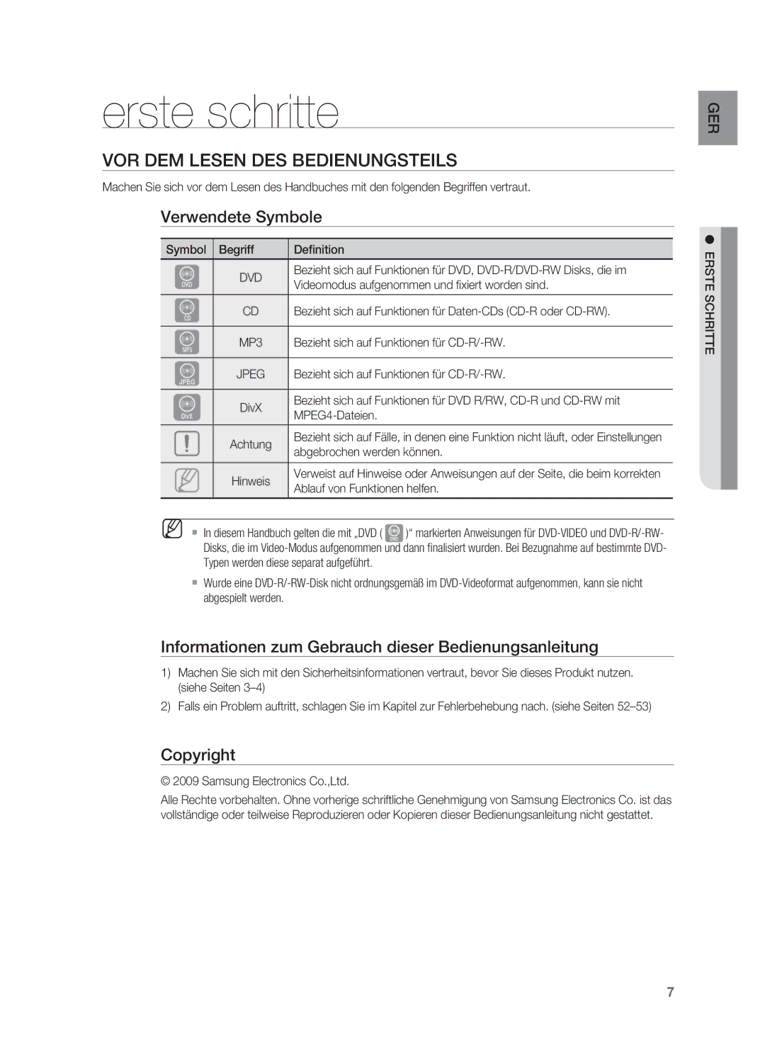 Samsung HT-X622T/XEF manual Erste schritte, Vor dem Lesen des Bedienungsteils, Verwendete Symbole, Copyright 