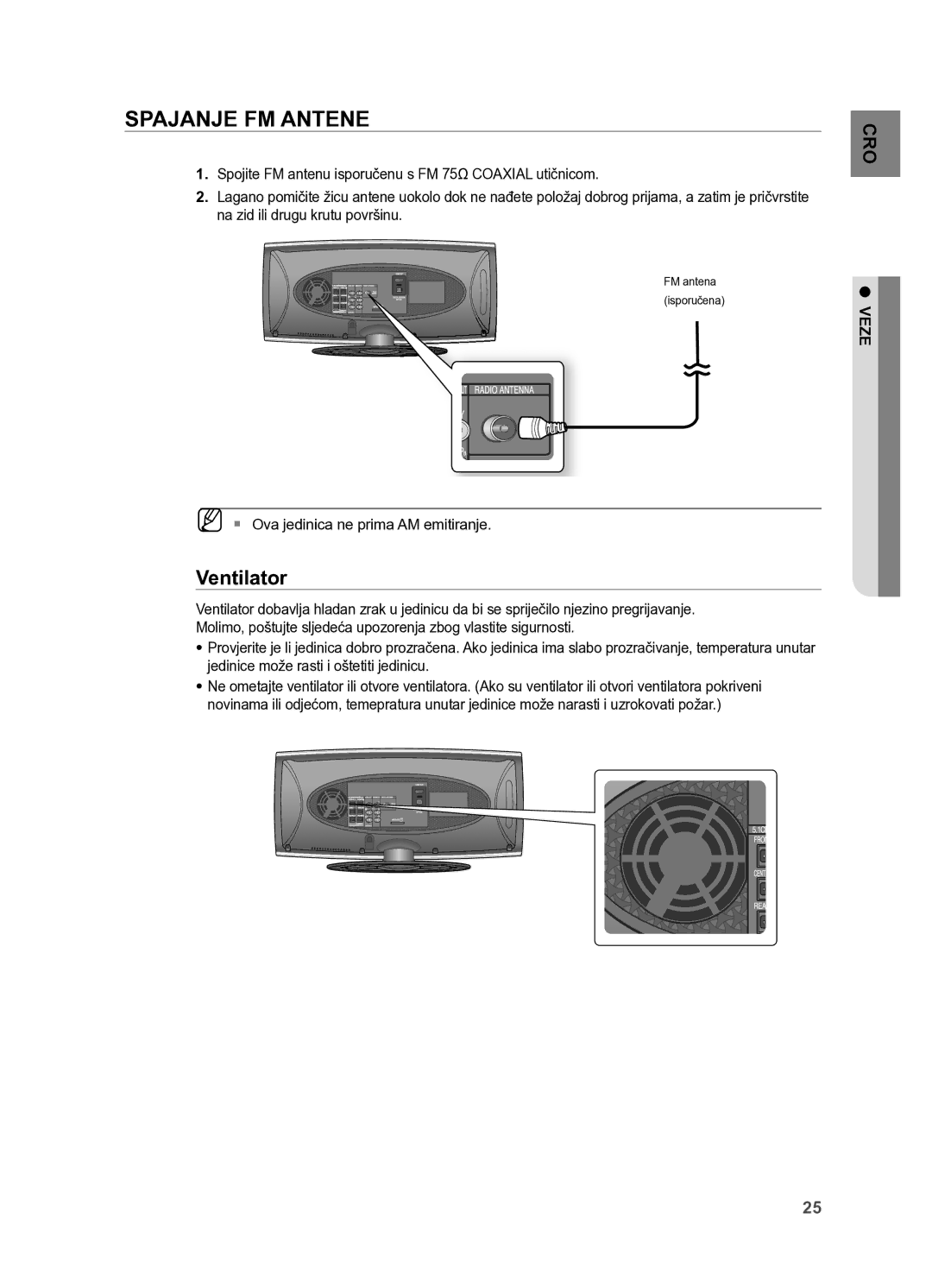 Samsung HT-X625T/XEE, HT-X625T/EDC manual SPAjANje FM ANTeNe, Ventilator 