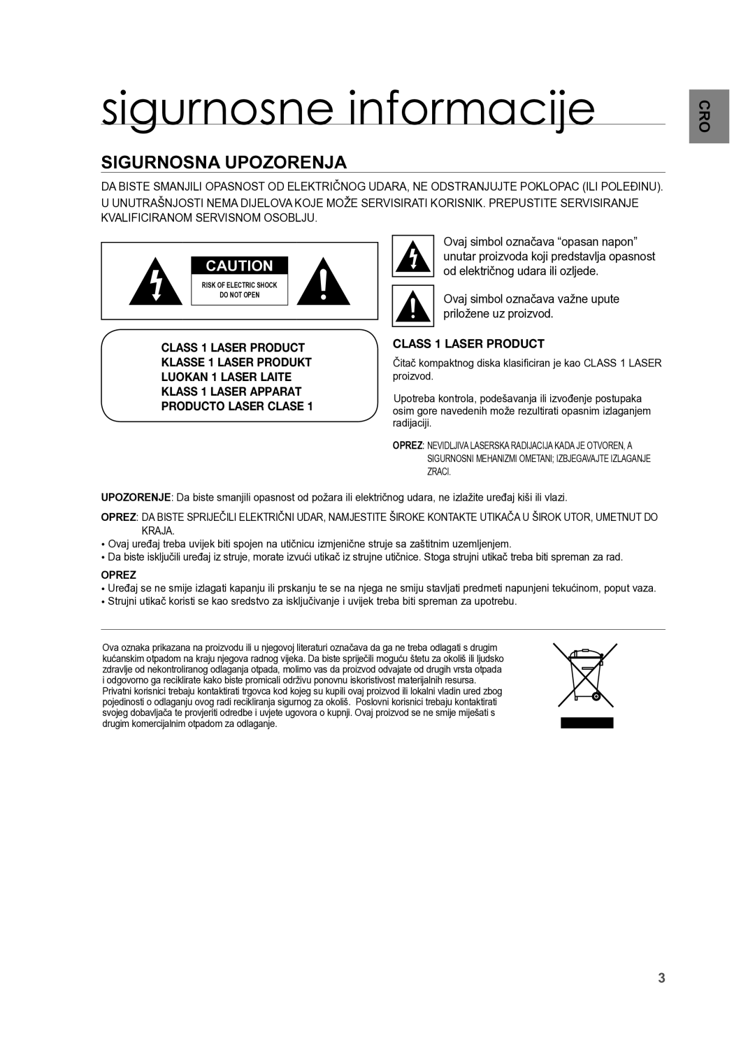 Samsung HT-X625T/XEE, HT-X625T/EDC manual Sigurnosne informacije, Sigurnosna upozorenja 