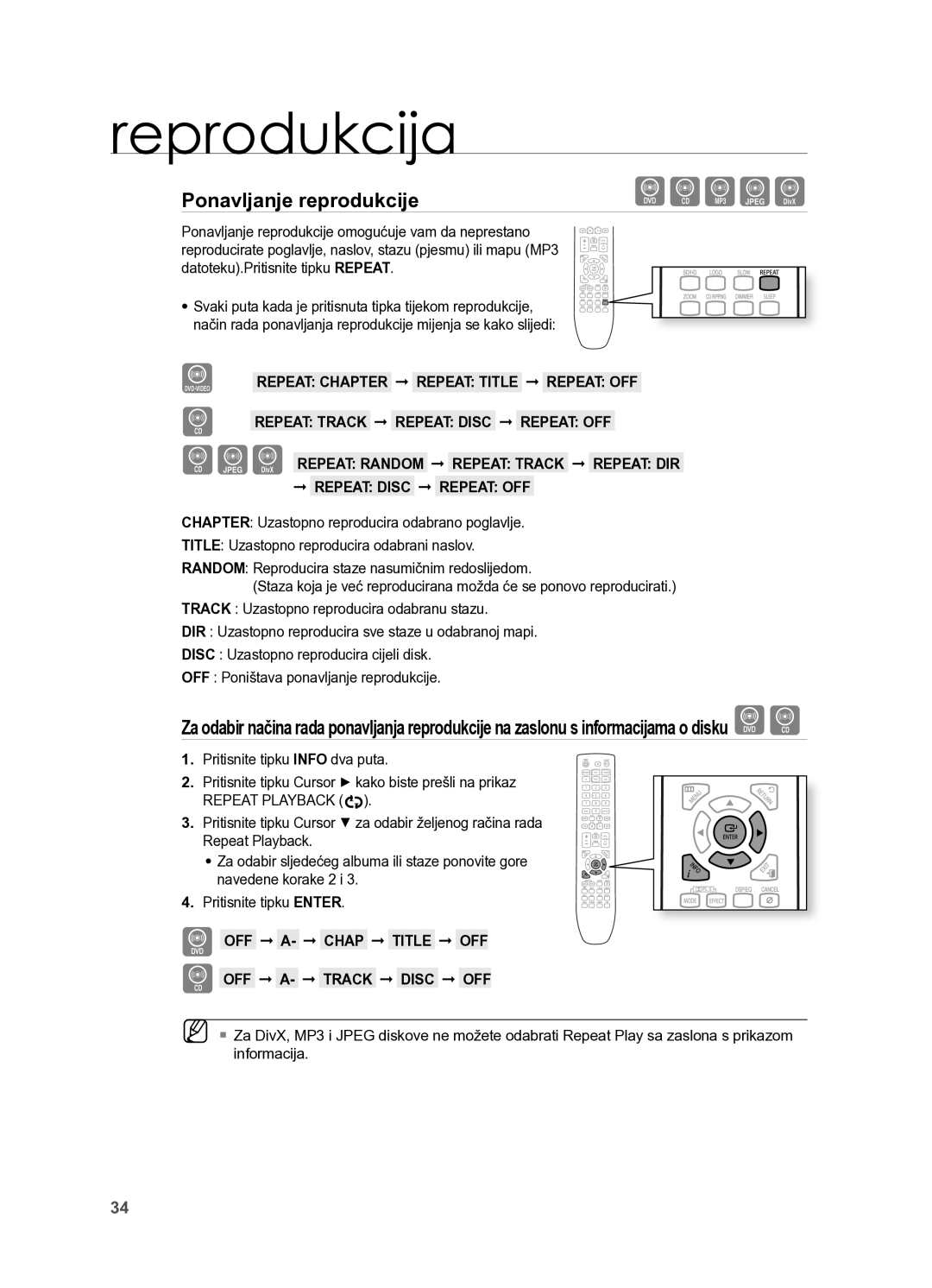 Samsung HT-X625T/EDC, HT-X625T/XEE manual Ponavljanje reprodukcije, OFF A- Chap TITLe OFF 