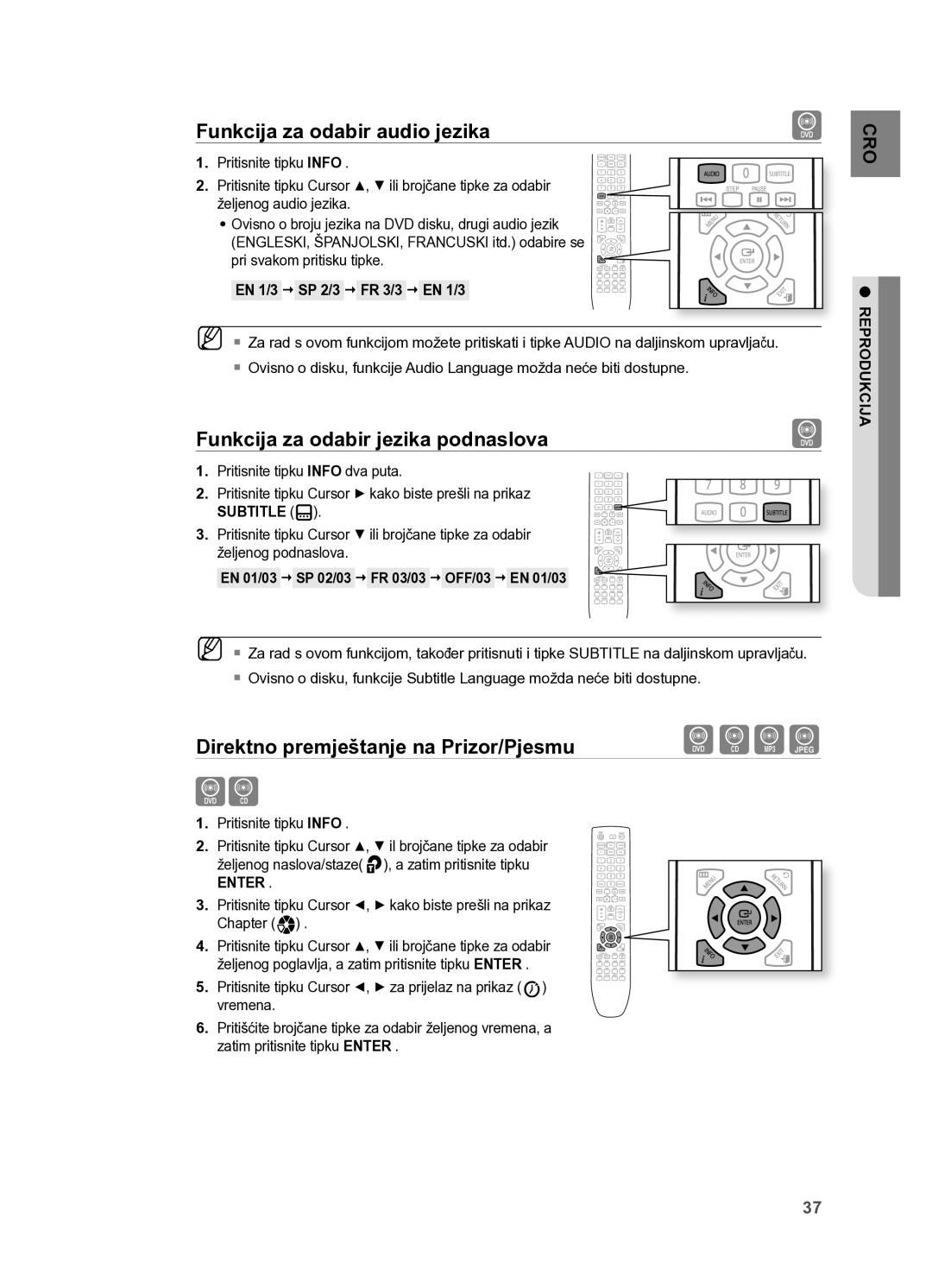 Samsung HT-X625T/XEE, HT-X625T/EDC manual Funkcija za odabir audio jezika, Funkcija za odabir jezika podnaslova 