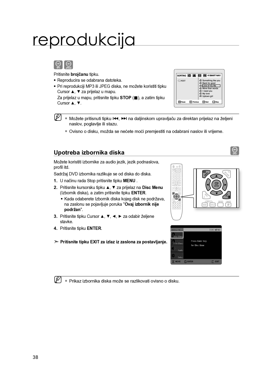 Samsung HT-X625T/EDC, HT-X625T/XEE Upotreba izbornika diska, Pritisnite tipku Exit za izlaz iz zaslona za postavljanje 