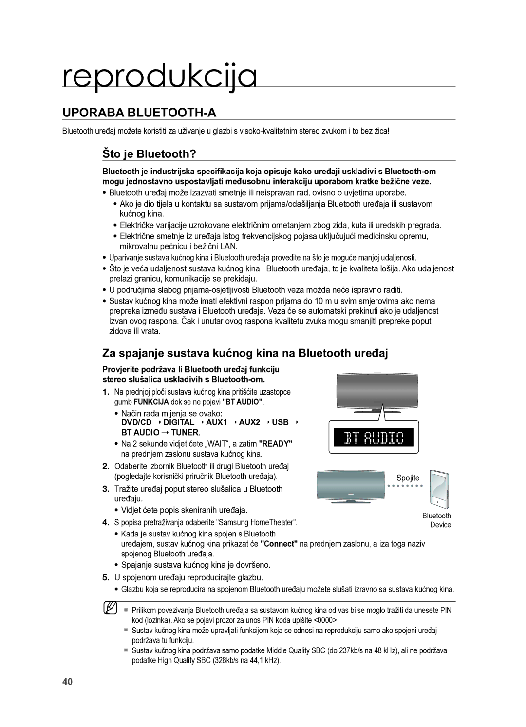 Samsung HT-X625T/EDC, HT-X625T/XEE manual Što je Bluetooth?, Za spajanje sustava kućnog kina na Bluetooth uređaj 