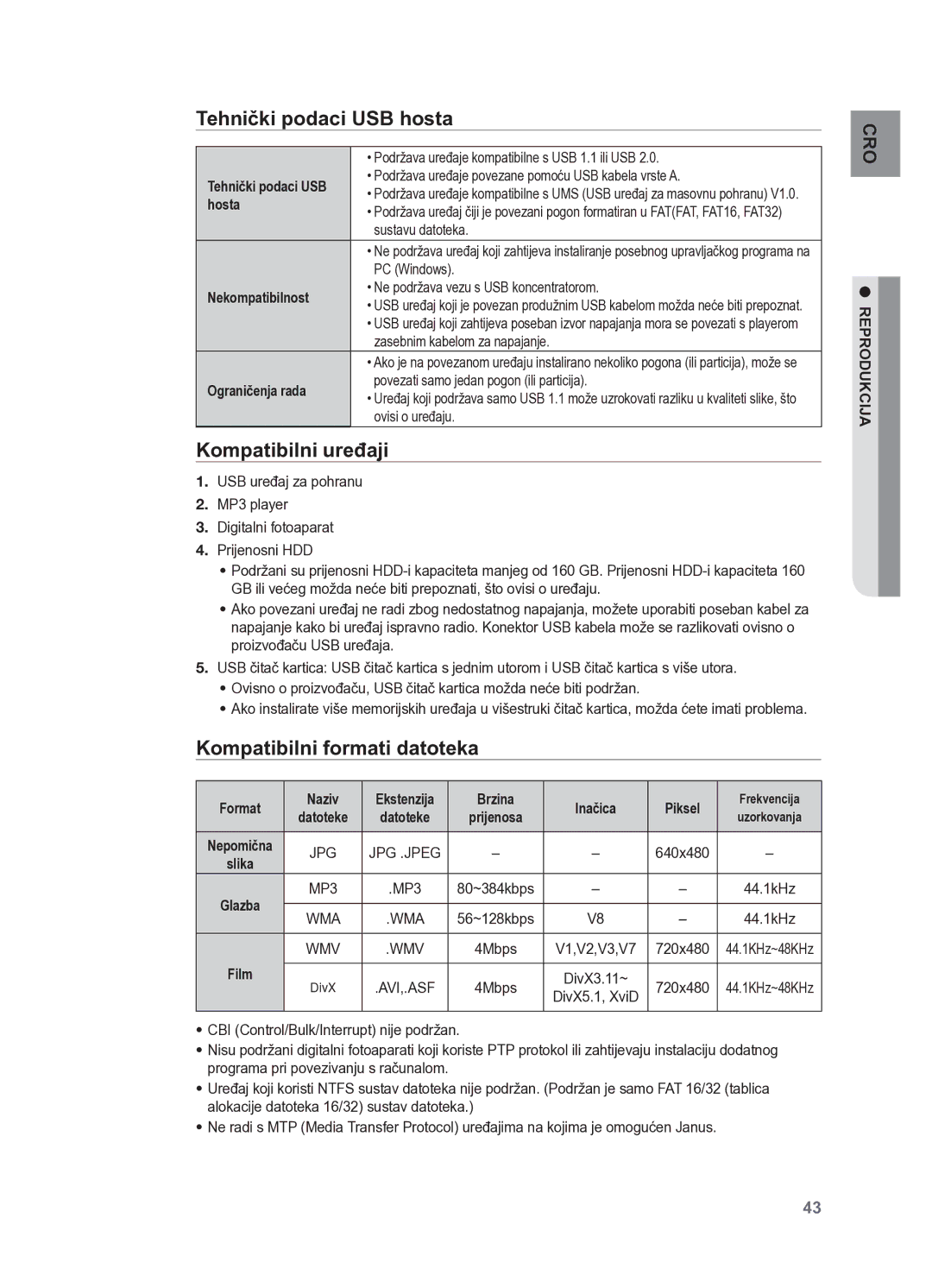 Samsung HT-X625T/XEE, HT-X625T/EDC manual Tehnički podaci USB hosta, Kompatibilni uređaji, Kompatibilni formati datoteka 