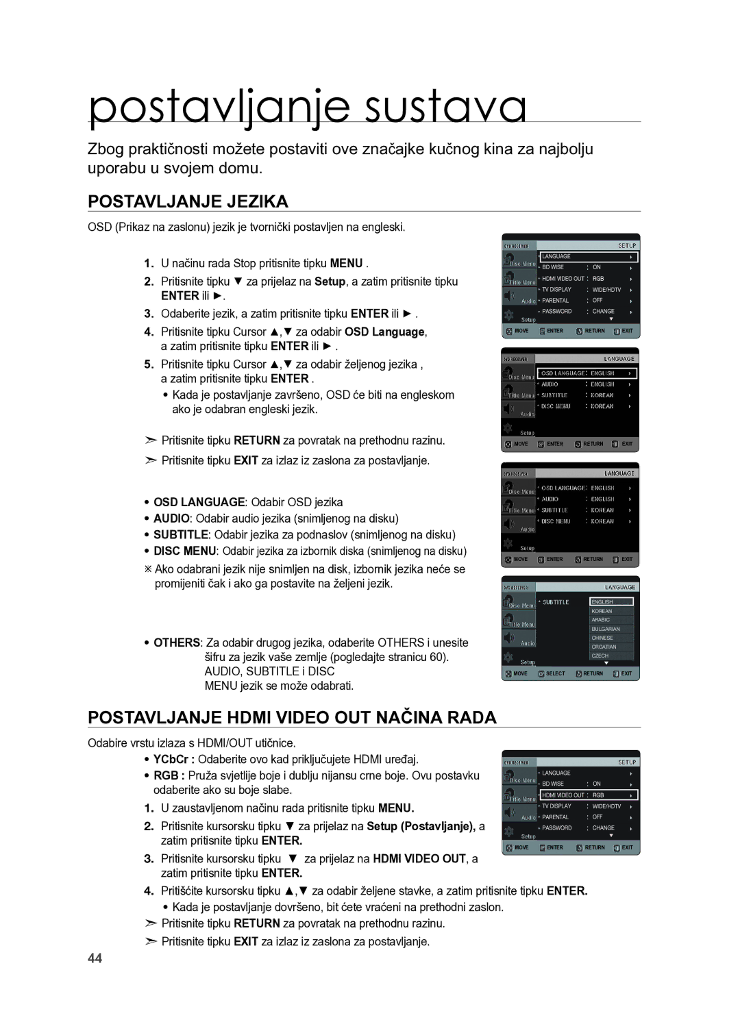 Samsung HT-X625T/EDC manual Postavljanje sustava, Postavljanje jezika, Postavljanje Hdmi Video OUT Načina Rada, Enter ili + 